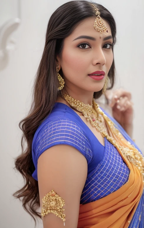 Foto RAW, photorealistic, photography, full body shot, master shot, perfect eyes, goddess like beauty, pierced eyes, perfect thick chubby mallu Desi aunty bhabhi, Wearing a Stanapatta, a chest-band.Saree model, model Photography, Indian saree shoot, Indian traditional wear advertising photography, traditional wear brand shoot, face of Indian actress Sonakshi Sinha, masterpiece, realistic, realism, incredible details,  pleasure, photorealism, detailed skin, skin pores, high contrast, photorealistic Artstation 8k HD digital art trend of high definition and detailed realistic skin texture, ultra detail, realistic skin texture, armature, best quality, ultra high definition, (photorealistic:1.4),, high resolution, detail, raw photo, sweat, Re sharp, by Lee Jefferies Nikon D850 Film Stock Photo 4 Kodak Portra 400 Camera F1.6 Lens Rich Color Ultra Real Realistic Realistic Textures Dramatic Lighting Unreal Engine Trending at Art Station Cinestill 800,(pele altamente detalhada: 1.2), 8k UHD, DSLR, soft-lighting, alta qualidade, grain of film, Fujifilm XT3,she didn't like to wear blouse or bra, she is happy to wear only saree, she hates blouse or bra, detailed hairy armpits, hyper realistic skin, skin pores, sweat, veins, 