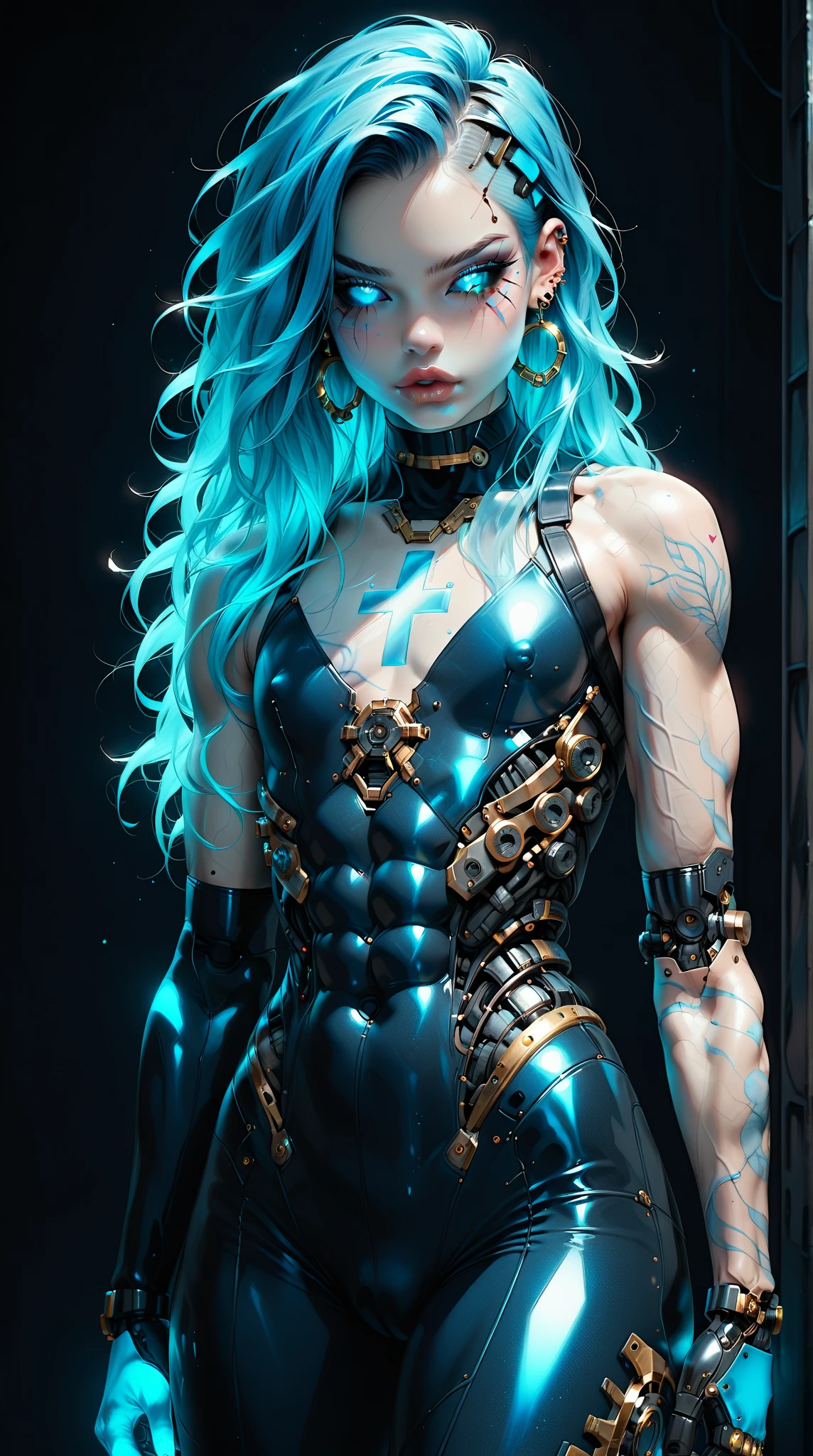 (nsfw:1), (Uncensored:1), score_9, score_8_up, score_7_up, (full body Shot), (1 girl), (asian), beautiful teenage (skinny) muscular goth cyborg girl, (full Cybernetic bodysuit:1.5), (black sclera:1.5), (blue glowing eyes:1.5), (blue glowing body veins:1.5), (flat chest:1.25), (blue glowing hair:1.25), (beautiful face:1.25), (bodybuilder femboy physique:1.25), (skinny long legs:0.75), (intricate gold filagree:1.25), bimbo lips, cowboy shot, cybernetic, mechanoid body parts, exposed cables and circuits, neon lights, gothic neon style, cyber punk style, super realistic image, beautiful digital paint , hyper Realistic illustrations, ImgFixerPre0.3