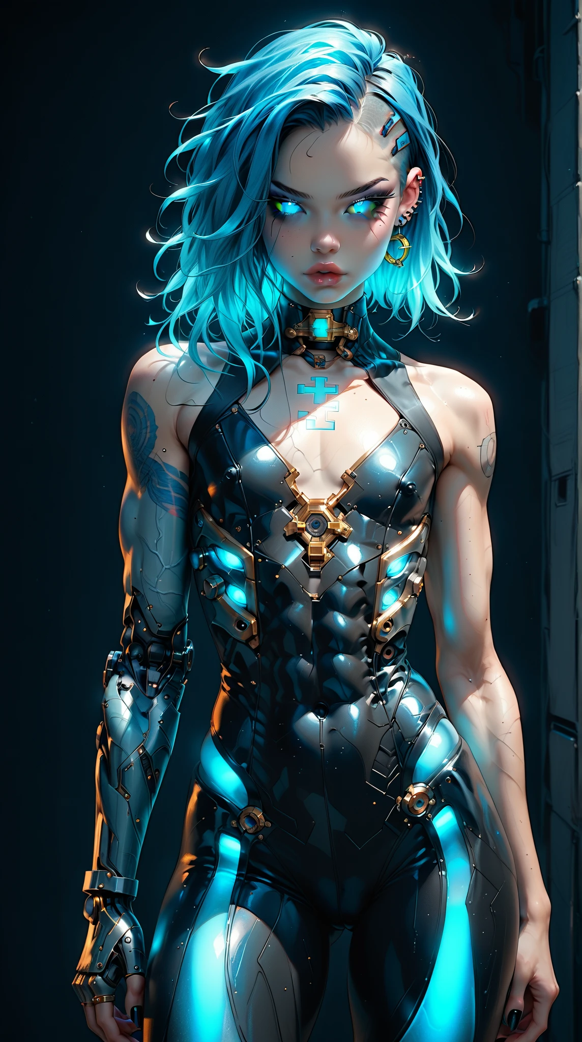 (nsfw:1), (Uncensored:1), score_9, score_8_up, score_7_up, (full body Shot), (1 girl), (asian), beautiful teenage (skinny) muscular goth cyborg girl, (full Cybernetic bodysuit:1.5), (black sclera:1.5), (blue glowing eyes:1.5), (blue glowing body veins:1.5), (flat chest:1.25), (blue glowing hair:1.25), (beautiful face:1.25), (bodybuilder femboy physique:1.25), (skinny long legs:0.75), (intricate gold filagree:1.25), bimbo lips, cowboy shot, cybernetic, mechanoid body parts, exposed cables and circuits, neon lights, gothic neon style, cyber punk style, super realistic image, beautiful digital paint , hyper Realistic illustrations, ImgFixerPre0.3