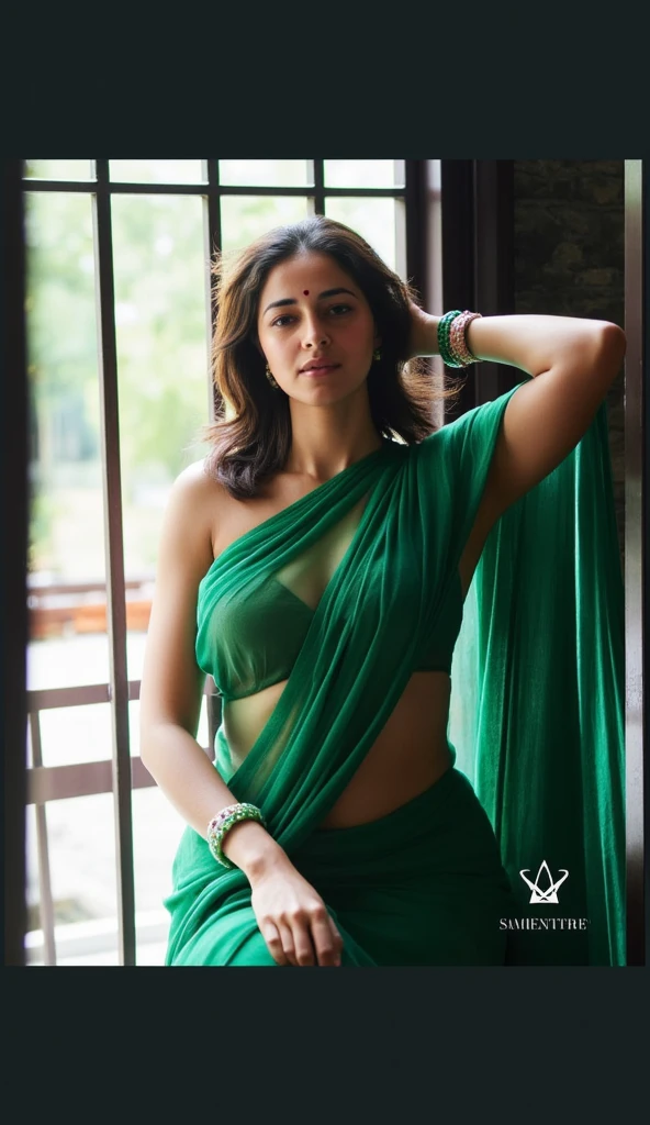 photo of hourglass figure Mature Indian Bengali Aunty with dusky skin, wearing Transparent chiffon yellow saree and green strapless sleevless Blouse, showing her large U cut Cleavage, Red Sindoor on her forehead, Both hands streched up above head showing dark hairy armpits,Hair messed up, nice curves, sitting on a hut balcony , sensual, erotic, Dim light in the hut