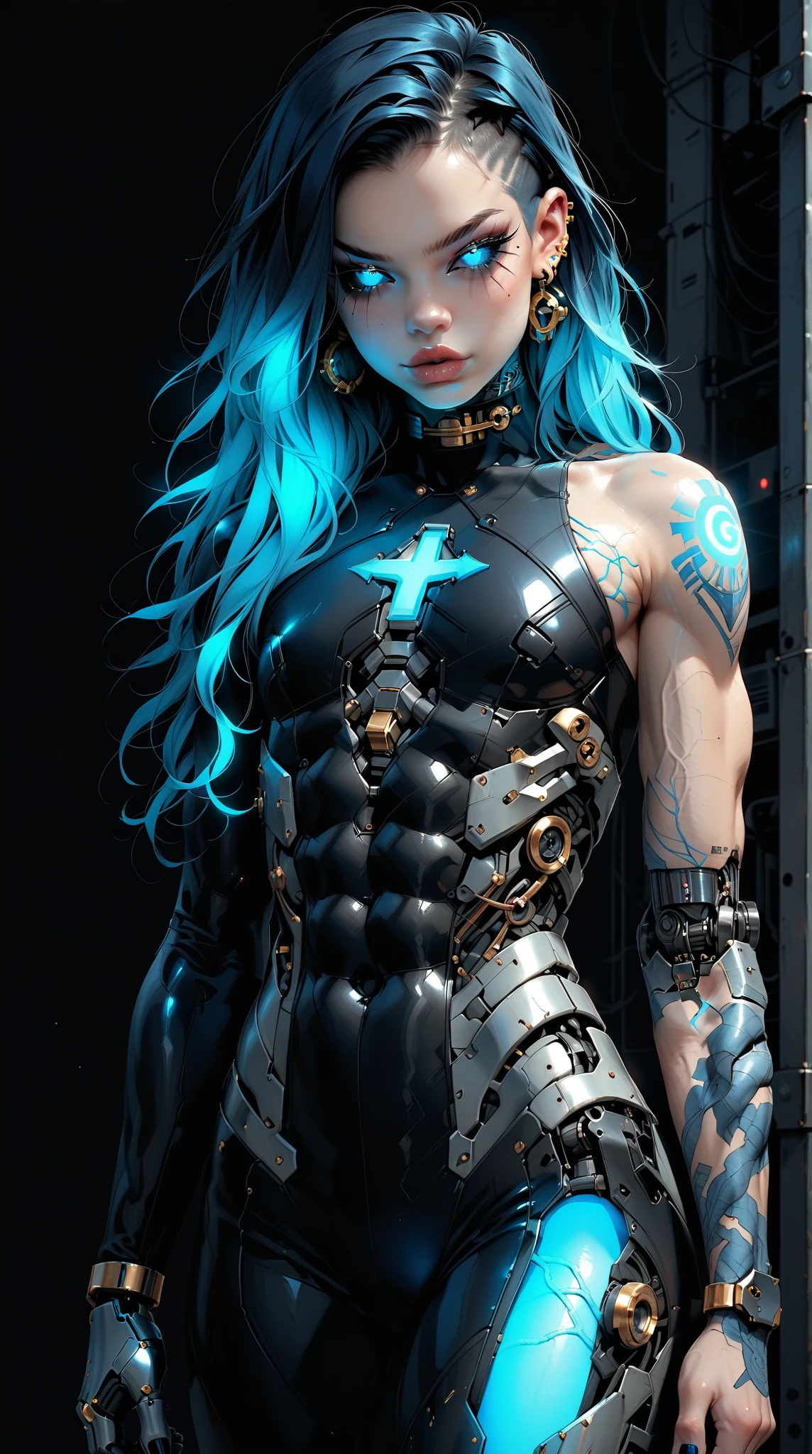 (nsfw:1), (Uncensored:1), score_9, score_8_up, score_7_up, (full body Shot), (1 girl), (asian), beautiful teenage (skinny) muscular goth cyborg girl, (full Cybernetic bodysuit:1.5), (black sclera:1.5), (blue glowing eyes:1.5), (blue glowing body veins:1.5), (flat chest:1.25), (blue glowing hair:1.25), (beautiful face:1.25), (bodybuilder femboy physique:1.25), (skinny long legs:0.75), (intricate gold filagree:1.25), bimbo lips, cowboy shot, cybernetic, mechanoid body parts, exposed cables and circuits, neon lights, gothic neon style, cyber punk style, super realistic image, beautiful digital paint , hyper Realistic illustrations, ImgFixerPre0.3