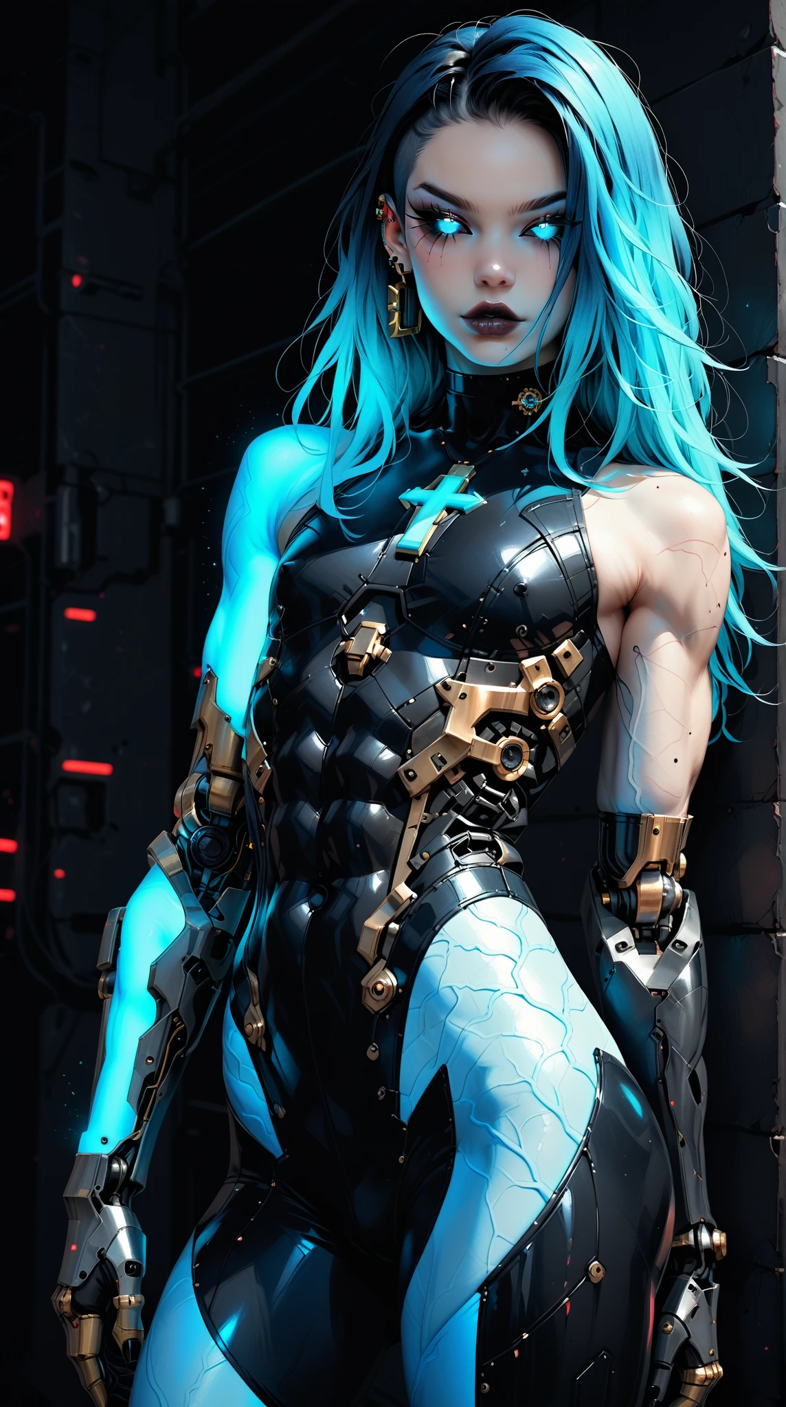 (nsfw:1), (Uncensored:1), score_9, score_8_up, score_7_up, (full body Shot), (1 girl), (asian), beautiful teenage (skinny) muscular goth cyborg girl, (full Cybernetic bodysuit:1.5), (black sclera:1.5), (blue glowing eyes:1.5), (blue glowing body veins:1.5), (flat chest:1.25), (blue glowing hair:1.25), (beautiful face:1.25), (bodybuilder femboy physique:1.25), (skinny long legs:0.75), (intricate gold filagree:1.25), bimbo lips, cowboy shot, cybernetic, mechanoid body parts, exposed cables and circuits, neon lights, gothic neon style, cyber punk style, super realistic image, beautiful digital paint , hyper Realistic illustrations, ImgFixerPre0.3