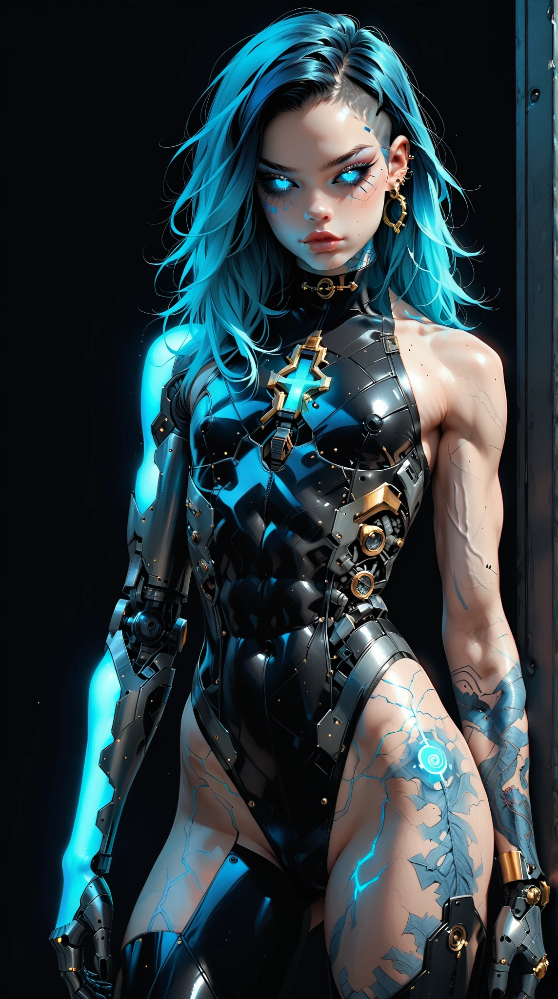 (nsfw:1), (Uncensored:1), score_9, score_8_up, score_7_up, (full body Shot), (1 girl), (asian), beautiful teenage (skinny) muscular goth cyborg girl, (full Cybernetic bodysuit:1.5), (black sclera:1.5), (blue glowing eyes:1.5), (blue glowing body veins:1.5), (flat chest:1.25), (blue glowing hair:1.25), (beautiful face:1.25), (bodybuilder femboy physique:1.25), (skinny long legs:0.75), (intricate gold filagree:1.25), bimbo lips, cowboy shot, cybernetic, mechanoid body parts, exposed cables and circuits, neon lights, gothic neon style, cyber punk style, super realistic image, beautiful digital paint , hyper Realistic illustrations, ImgFixerPre0.3