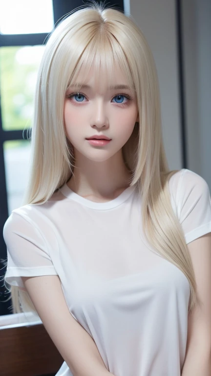  unrivaled beauty , Glowing, firming and radiant skin, Bangs between the eyes,  shiny straight beautiful platinum blonde ,  Super long straight silky hair,  eyeliner,  sexy beautiful innocent  , High definition big beautiful bright blue eyes,  beautiful and lovely girl, Baby Face, Short sleeve shirt