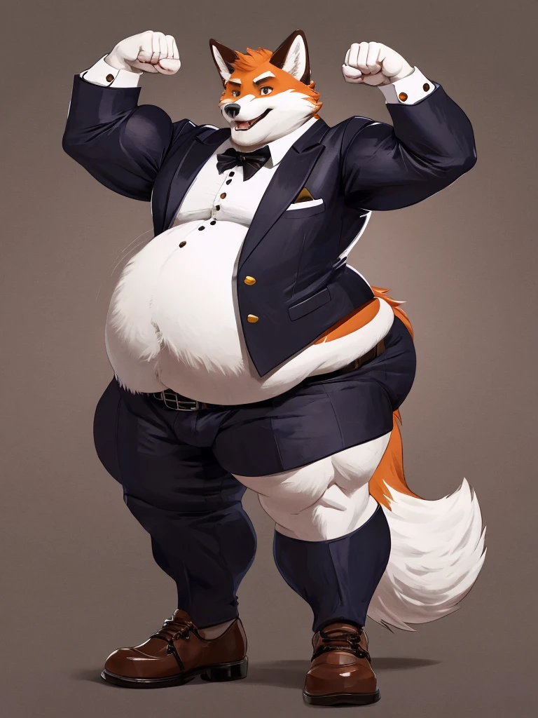 Very extremely morbidly-Obese Fluffy Fox with unbelievably very very very extremely massive overhang white belly, wears shoes, butler, Flexing. 