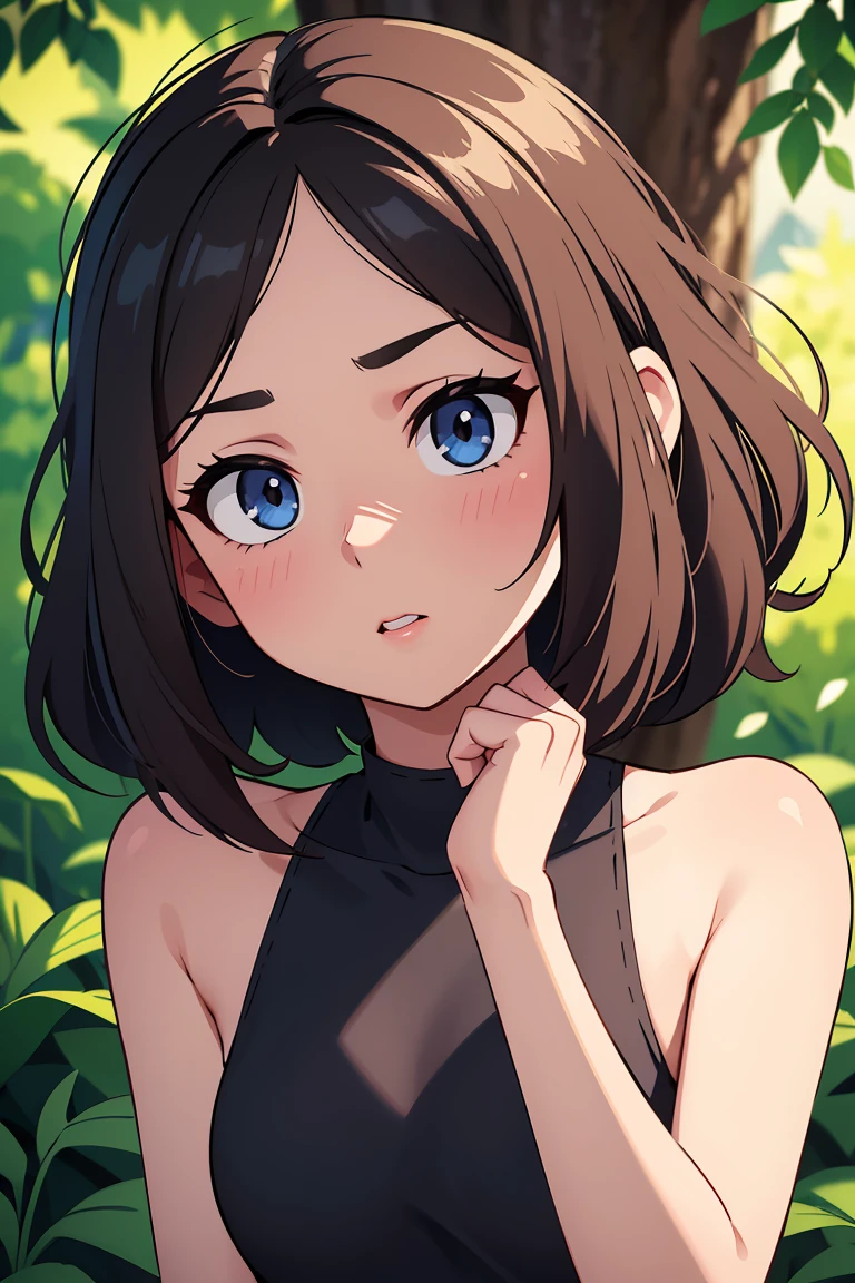 Create a highly detailed digital illustration in a semi-realistic anime-inspired art style. The subject should have expressive and lifelike features, blending realistic proportions with soft, stylized anime elements. Emphasize vibrant, large eyes with nuanced reflections and detailed shading, smooth and clean linework, and natural skin tones with soft gradients and subtle blush. Use dynamic lighting and realistic shadows to add depth, with hair that appears naturally textured and flows gently. The subject should be a girl with vivid blue eyes that are striking and expressive, framed by long, natural lashes and delicately shaped eyebrows. Her skin is smooth and fair, with a light, natural blush on her cheeks, giving her a youthful glow. She has a small beauty mark just below one of her eyes, adding a unique detail to her face.

Her hair is styled in a short, asymmetrical bob, with soft, wavy layers that frame her face. It is predominantly black. The hair has a healthy shine and volume, giving it a soft, flowing appearance.

She is wearing a black, high-neck top that fits closely, emphasizing her elegant and refined style. The simplicity of her clothing directs attention to her face and hair. The lighting softly highlights her features, casting gentle shadows that enhance the contours of her face.

Her expression is calm and composed, with slightly parted lips that hint at thoughtfulness or curiosity. Her overall demeanor exudes a modern, sophisticated charm with a touch of in

The setting should be an outdoor urban environment with bright, natural lighting, showcasing background elements like buildings, alleyways, and greenery with soft focus or painterly details. Incorporate a balanced mix of realistic textures and stylized design, ensuring the character stands out while blending harmoniously with the environment. Maintain a vibrant yet slightly muted color palette with precise attention to light and shadow interplay to achieve a cinematic and immersive atmosphere. 