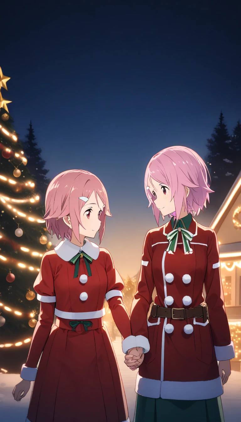 Lisbeth, sword art online,  short hair,  pink hair,  Christmas costume , holding hands ,  to a Christmas tree.  winter. Christmas park, Evening. 