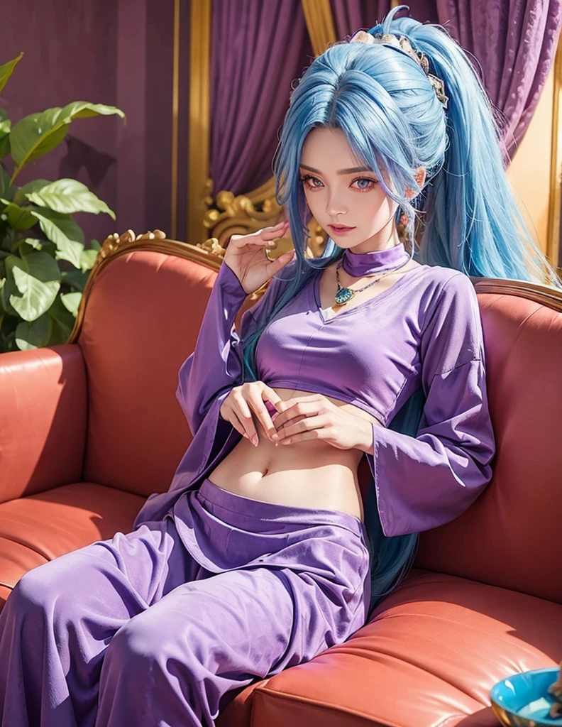 SCHALA, long blue hair, ponytail, purple eyes, purple long sleeved velvet top, midriff, navel, purple velvet long skirt, pendant, on sofa, rubbing stomach, relaxed face, royal living room