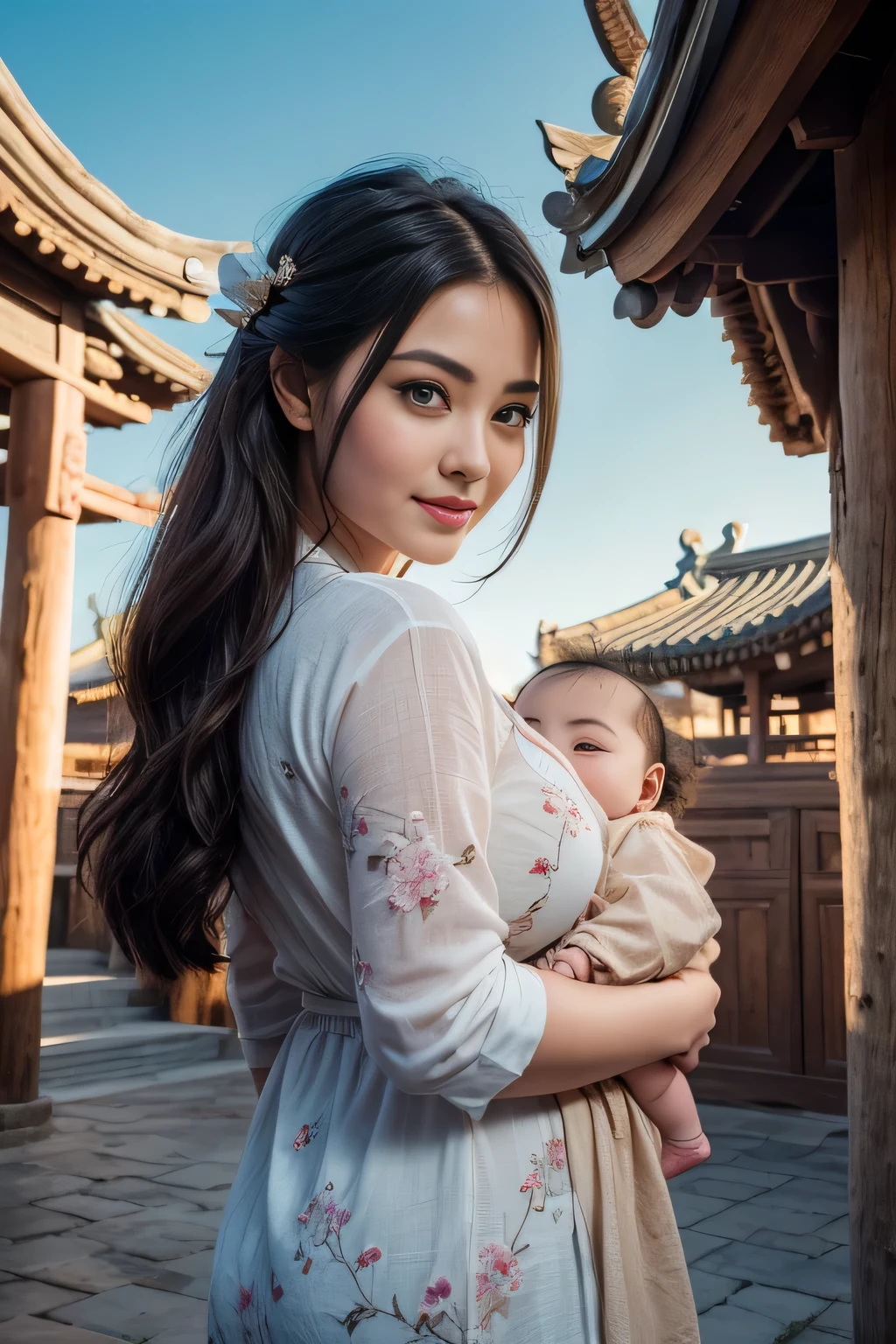 {{masterpiece, best quality, extremely detailed CG, unity 8k wallpaper, cinematic lighting}}, traditional Chinese ink painting, 1girl, 1baby, young woman holding a baby, full body, ancient architecture, blue sky, sunny day, wooden architecture, prominent protagonist, smile, big eyes, beautiful detailed eyes, (medium breasts, cleavage), round ass, looking at the audience, long eyelashes,