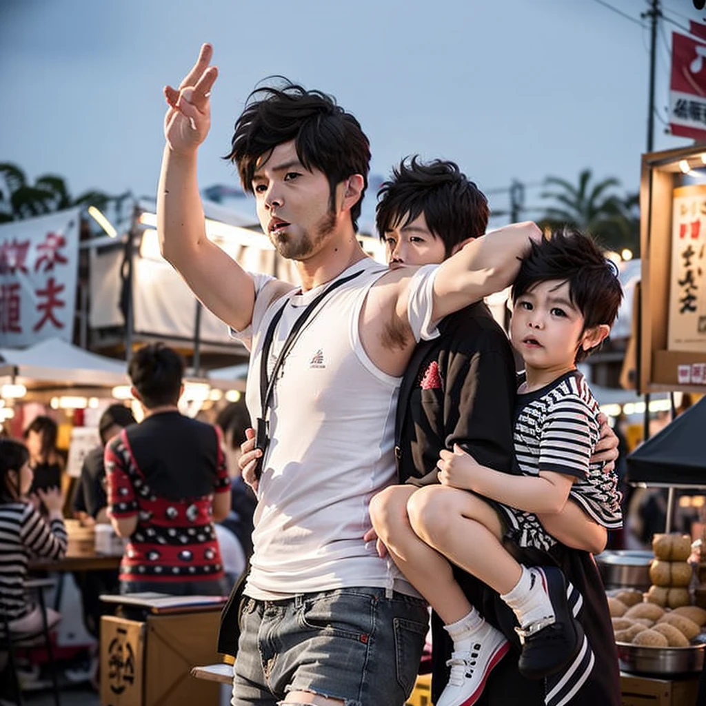 Night Market in Taiwan ， Young Taiwanese Couple with Son 、daughter， Blond Boy and Red-Haired Boy Have Six Muscles and Thick Hair， Raised hands exposing armpits ， Handheld Night Market Gourmet ， Open mouth to eat stinky tofu 、sausage， Shorts Feet with Furry Feet 。 A row of people, panoramic, Looking up at the camera， Young Taiwanese Couple with Son ，Parents take ren to the night market ， Father has six muscles and chest hair Wearing shorts with legs and raised hands exposing armpits， big eyes