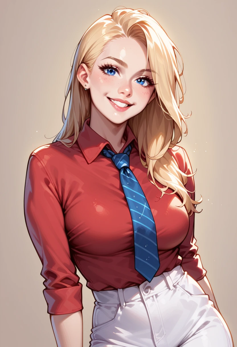 score_9, score_8_up, score_8, medium breasts, (curvy), cute, eyelashes, ,,, zzSarahWhitney, blue eyes, blonde hair, long hair, red shirt, necktie, white pants, smile, looking at viewer, ,,, embedding:zPDXL, Expressiveh, 