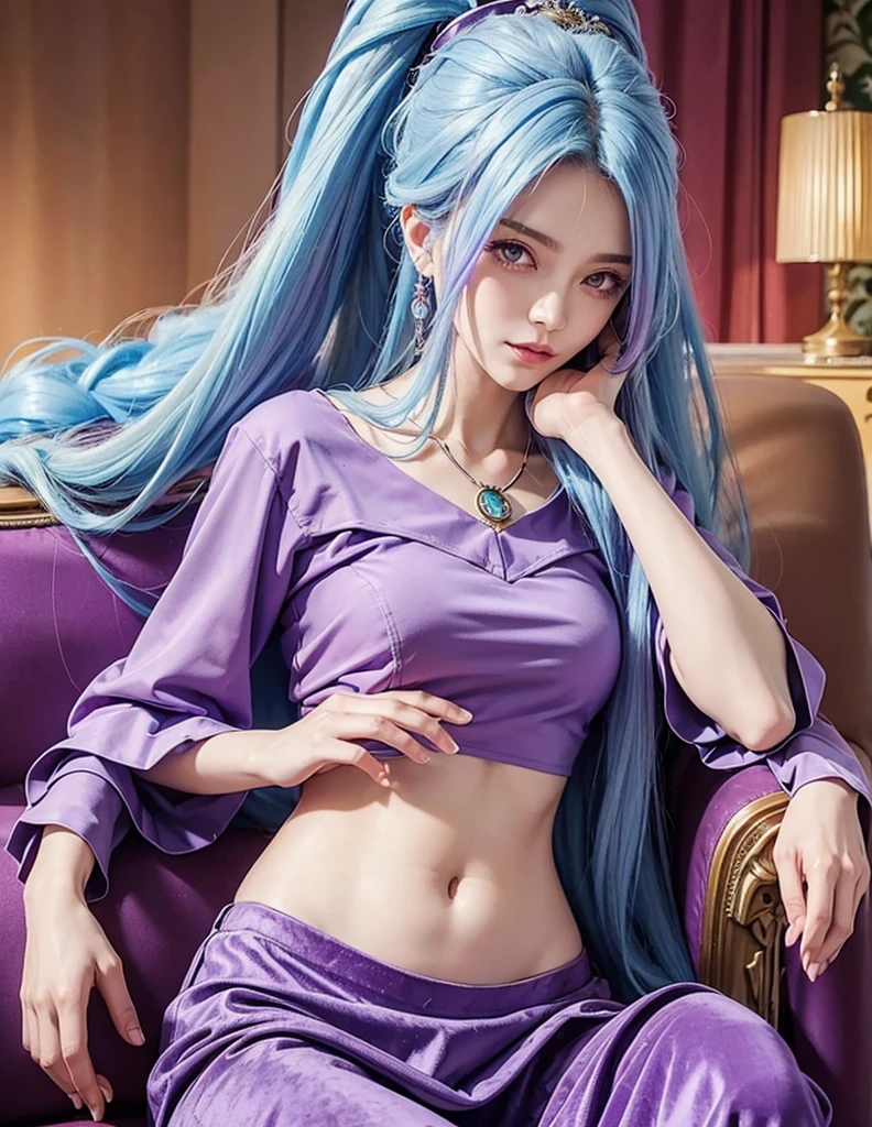 SCHALA, long blue hair, ponytail, purple eyes, purple long sleeved velvet top, midriff, navel, purple velvet long skirt, pendant, on sofa, rubbing stomach, relaxed face, royal living room