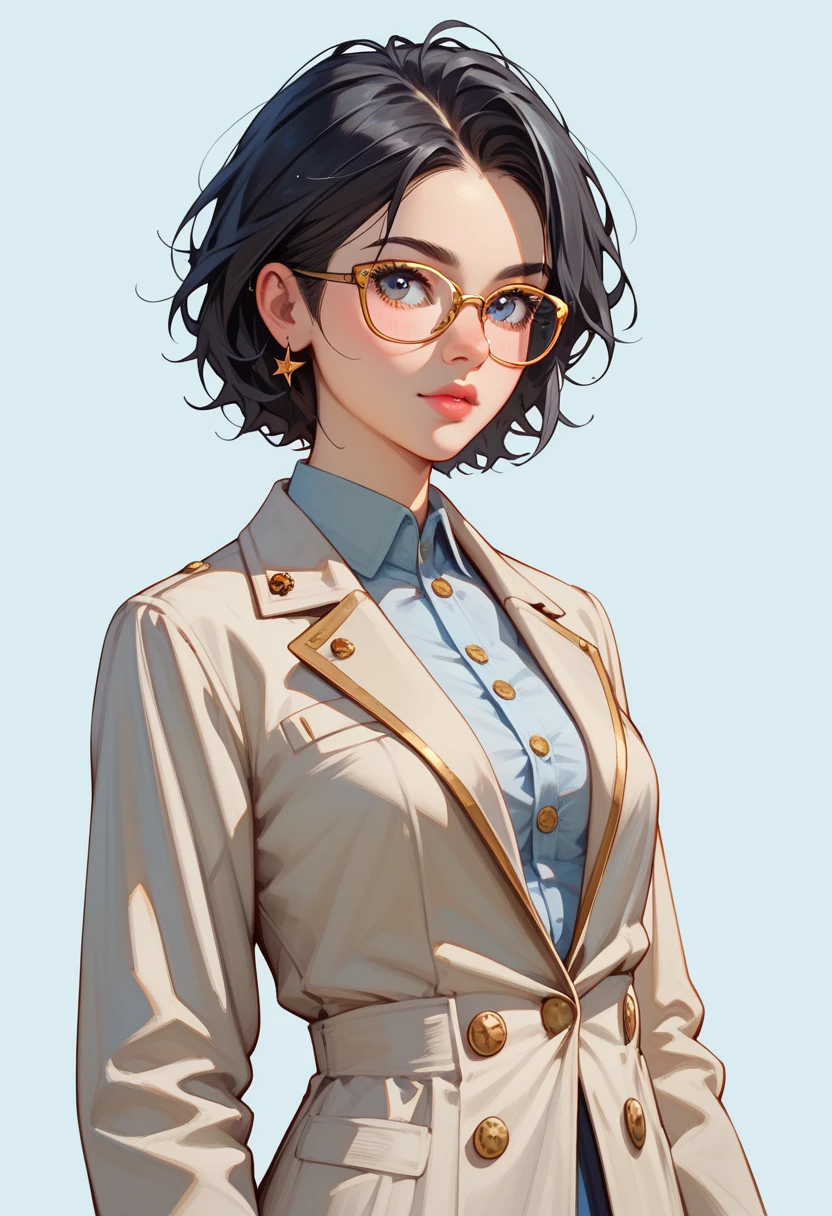 score_9, score_8_up, score_7_up, astronomer with messy blue-black hair and gold-rimmed glasses, waist-up, dressed in a tailored coat with silver buttons