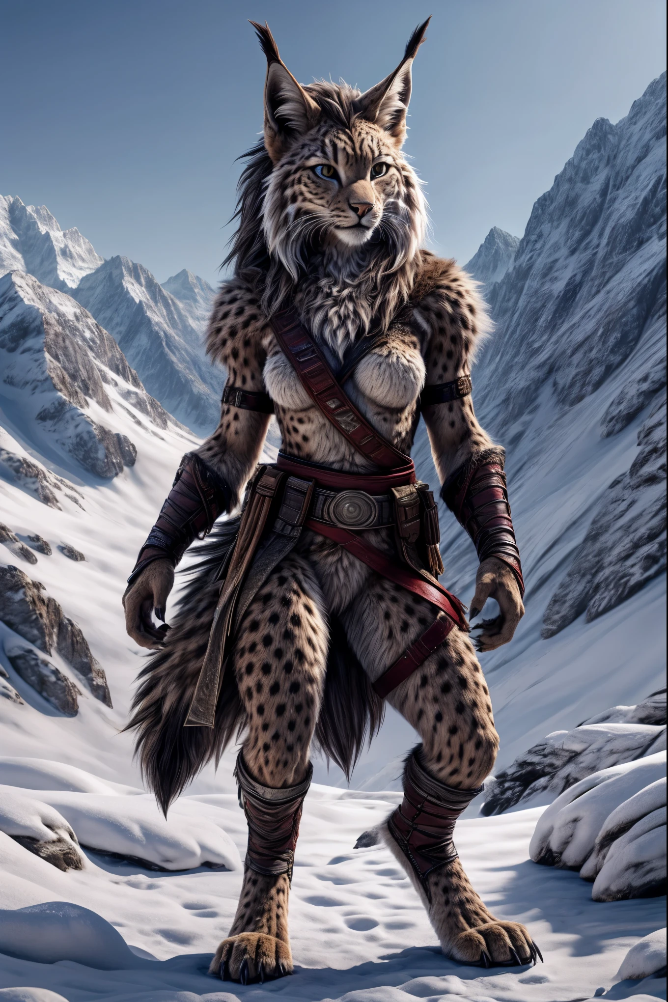 Full body, Lynx, standing, with mane, furry, female, fighter, claws on fingers and toes, detailed fingers, clear detailed eyes, detailed face, very detailed fur, in the mountains, front view, Highest quality, photorealistic, very detailed, very detailed background