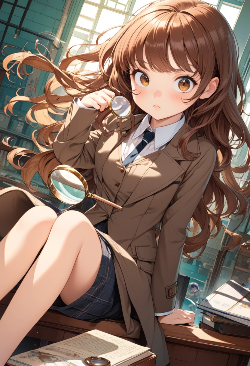 detailed illustration, dynamic angle, ultra-detailed, illustration, 1girl, 18 year old, school girl, wavy brown hair, long hair, bright brown eyes, innocent confused happy eyes, magnifying glass, detective costume, pouty face, playful wink, sitting on an office desk legs crossed