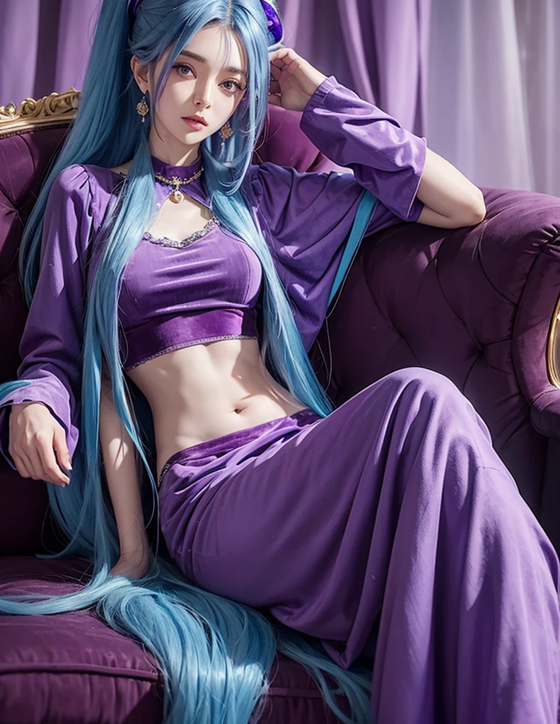 SCHALA, long blue hair, ponytail, purple eyes, purple long sleeved velvet top, midriff, navel, purple velvet long skirt, pendant, on sofa, rubbing stomach, relaxed face, royal living room