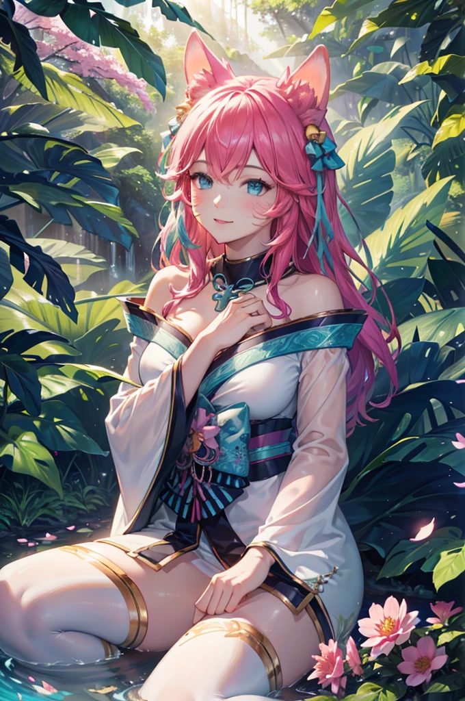 ( best quality,4K,8k, highres icon,  masterpiece :1.2), costume,(realistic,photorealistic,photo-realistic:1.37),Ahri lying , smiling,in a forest, surrounded by beautiful plants ,majestoso,flower spirit,Portraits,vivid colors, lush vegetation , bright sunlight ,soft shadows,Gentle breeze, shimmering dew drops ,ethereal atmosphere,colorful flowers and leaves,magical aura,floating petals, rays of light penetrating the treetops, peaceful and serene environment 