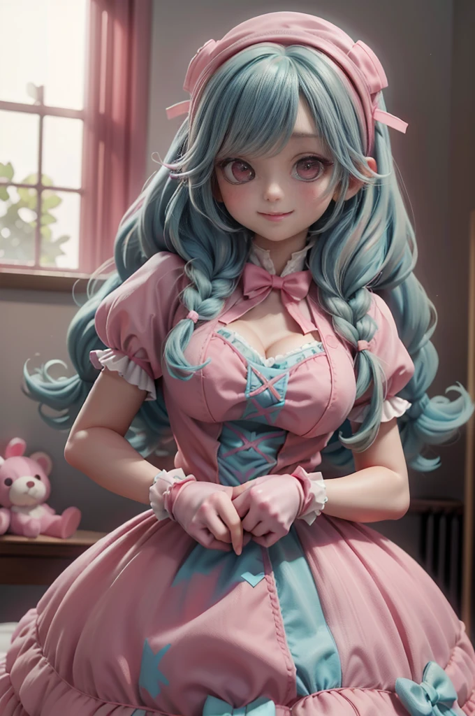  1 girl, Photo,  masterpiece, Sweetlolita im Bedroomgothic Gothic Interior, pink-white dress fabric ,  blushing pink makeup , Gloves, smile, ((side twin braids, greenblue hair)), Pastel colors, artfully, Broderry,  keeps stuffed teddy bear, bokeh,,  huge breasts 