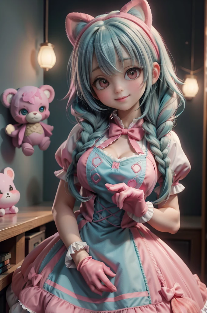  1 girl, Photo,  masterpiece, Sweetlolita im Bedroomgothic Gothic Interior, pink-white dress fabric ,  blushing pink makeup , Gloves, smile, ((side twin braids, greenblue hair)), Pastel colors, artfully, Broderry,  keeps stuffed teddy bear, bokeh,,  huge breasts 