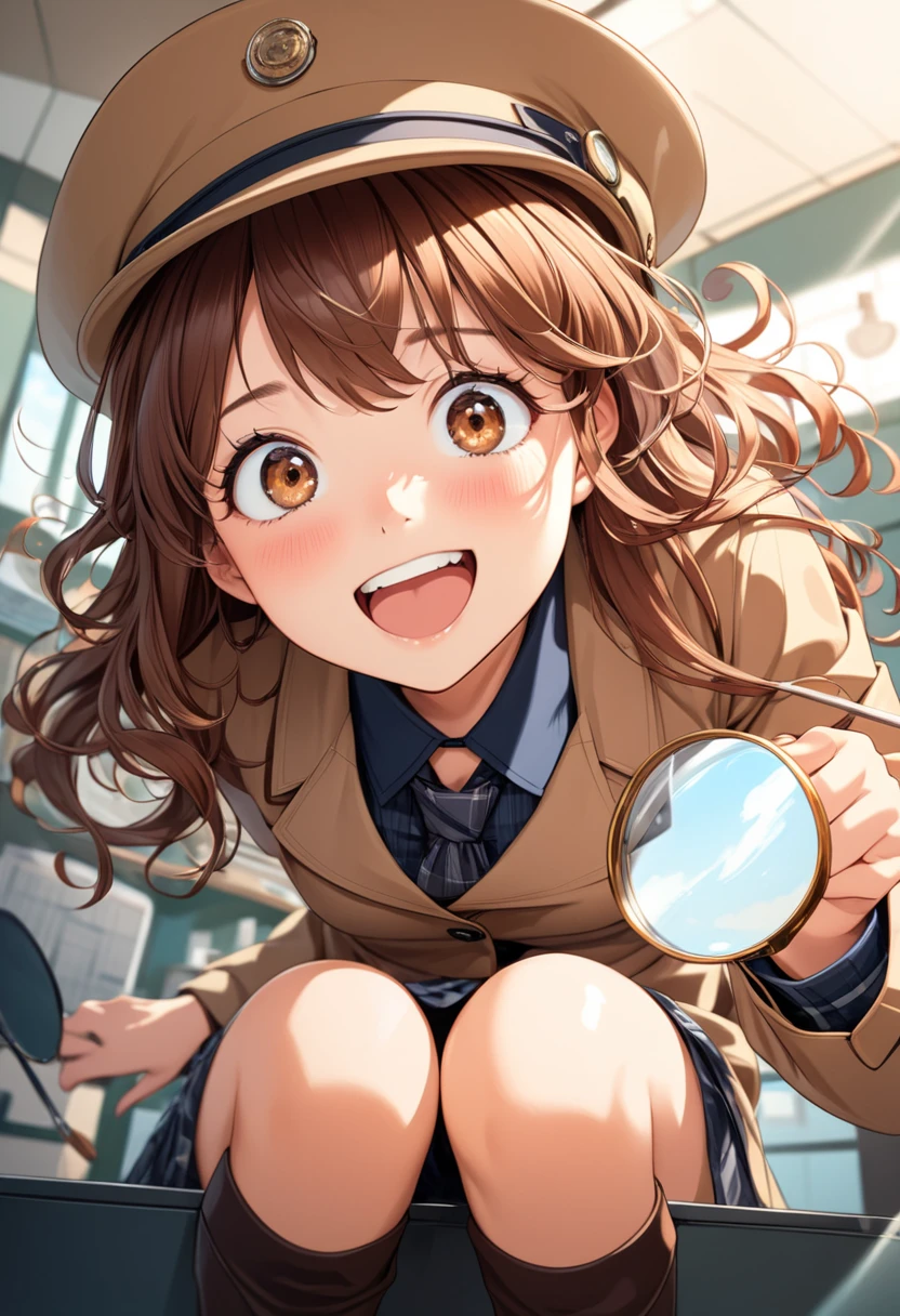 detailed illustration, dynamic angle, ultra-detailed, illustration, 1girl, 18 year old, school girl, wavy brown hair, long hair, bright brown eyes, innocent confused happy eyes, magnifying glass, detective costume, delighted, happy, eager, blush, flush, horny, energetic, playful wink, sitting on an office desk legs crossed