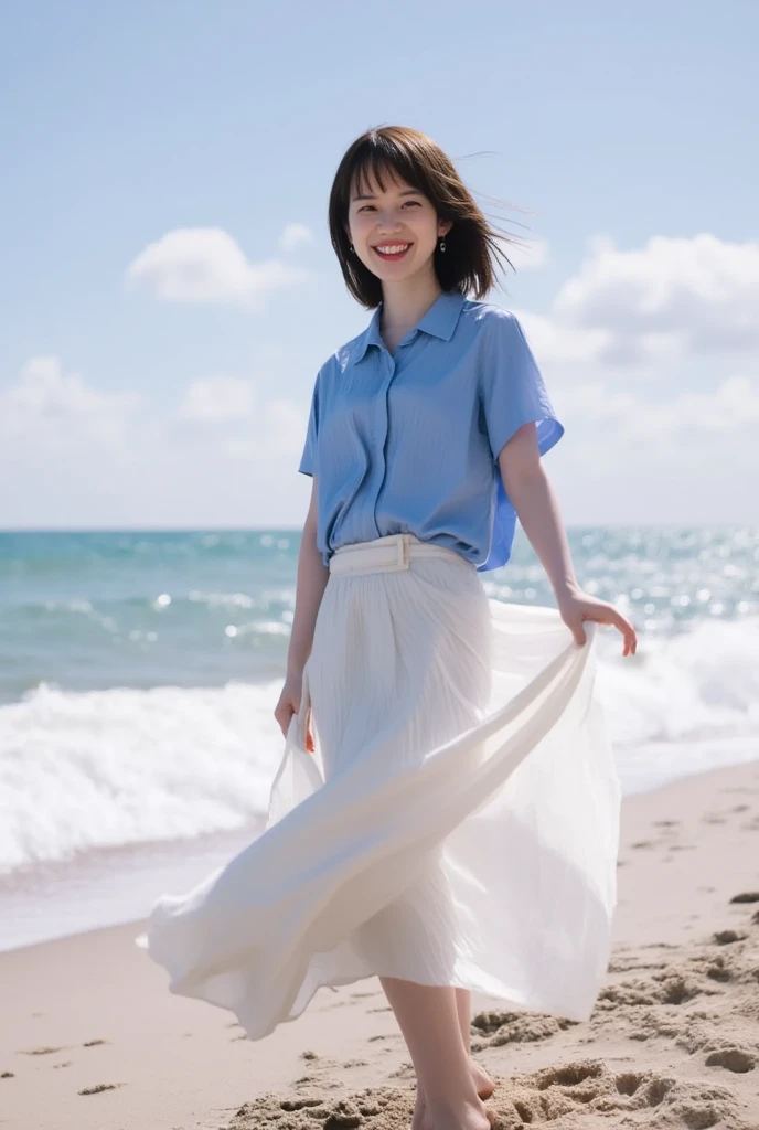   low angle shot  、  forward leaning position、  open shirt  、No underwear clothes  、  skirt flips in strong wind、  one girl 、barefoot、  beach  、smile