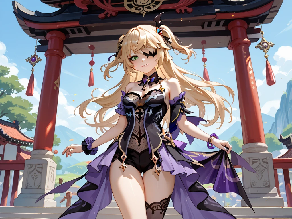 Masterpiece, extreme, high resolution, 1girl, blonde, medium hair, asymmetric hair, floating hair, hair between eyes, high ponytail, side hair, hair accessories, fish hair accessories, tassels, kanzashi, bangs, orange eyes, open mouth, smile, teeth, upper teeth only, collar, collar, collarbone, tattoo on chest, flower tattoo, cleavage, medium breasts, thighs, bandages, leg bandages, sarashi budget sarashi, boob sarashi, boob sarashi, hadanugi dousa, houkisei, japanese clothing, kimono, kinchaku, obijime, orange kimono, pouch, printed kimono, rope, belt, shimenawa, cropped kimono, single bare shoulder, genshin impact, East Asian architecture, cherry blossoms, full body, squat, whistle, fireworks, fireworks, night, fireworks, handheld fireworks, legs open, feet, Single gloves, single show gloves, wristbands, black socks, --auto --s2