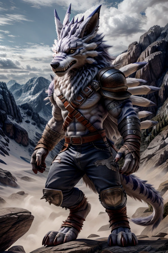 Full body, Weregarurumon, standing, with mane, furry, fighter, detailed fingers, clear detailed eyes, detailed face, very detailed fur, in the mountains, front view, Highest quality, photorealistic, very detailed, very detailed background