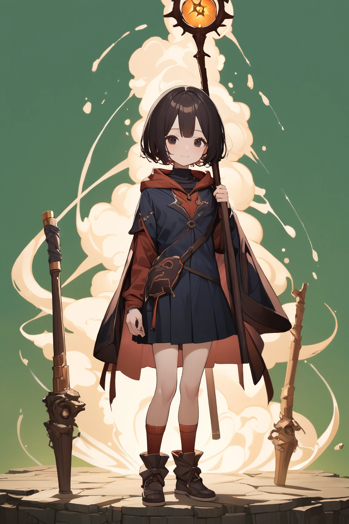 (green background:1.3), No wind, character sprite, Break, 
1 girl, (cute face), Intelligent Look, light smile, , petite, 150 cm tall,, Standing, feet out of frame, (black short hair, blunt ends), black eyes, (flat :1.2), slim, (dark brown Mage Outfit, short length skirt), ankle socks, ankle boots, absurdity Mage long staff,(porcelain skin), Break, 
(green background:1.3), No wind, high fantasy, game cg, absurdres,  highres icon, ultra detailed, beautiful, masterpiece, best quality,
