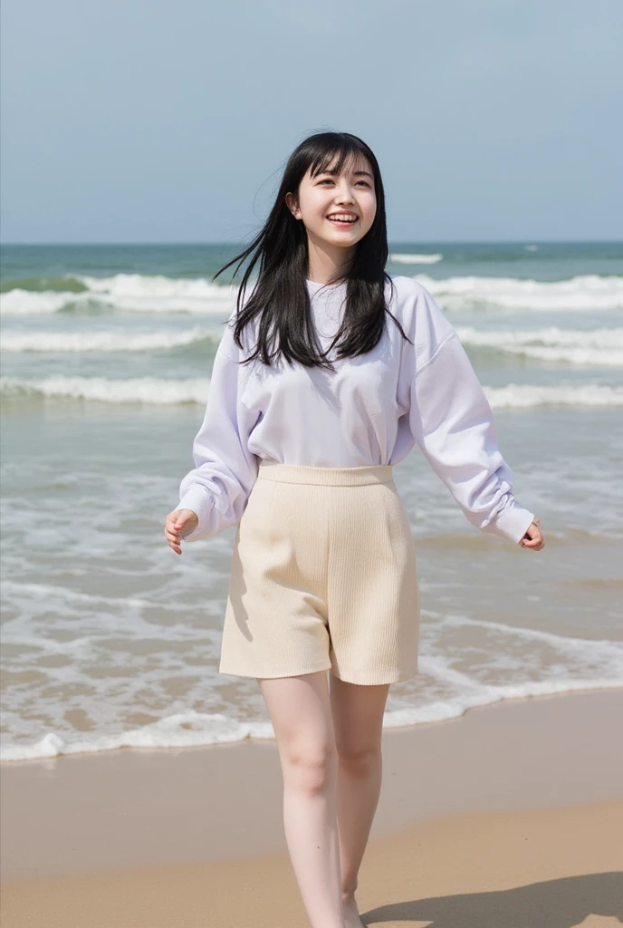   low angle shot  、  forward leaning position、  open shirt  、No underwear clothes  、  skirt flips in strong wind、  one girl 、barefoot、  beach  、smile