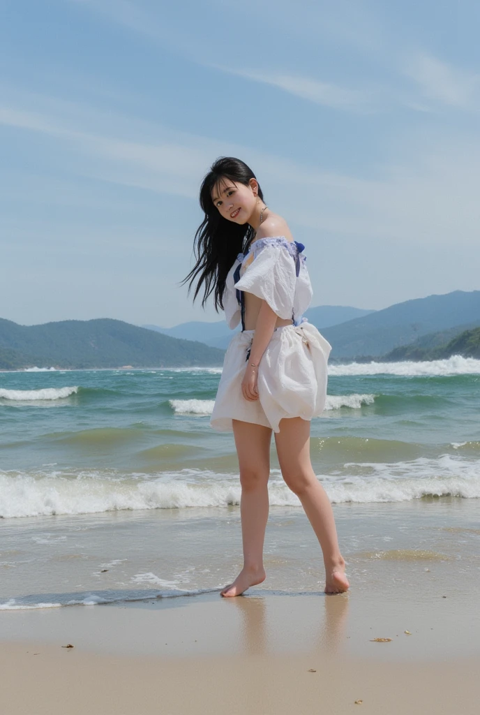   low angle shot  、  forward leaning position、  open shirt  、No underwear clothes  、  skirt flips in strong wind、  one girl 、barefoot、  beach  、smile