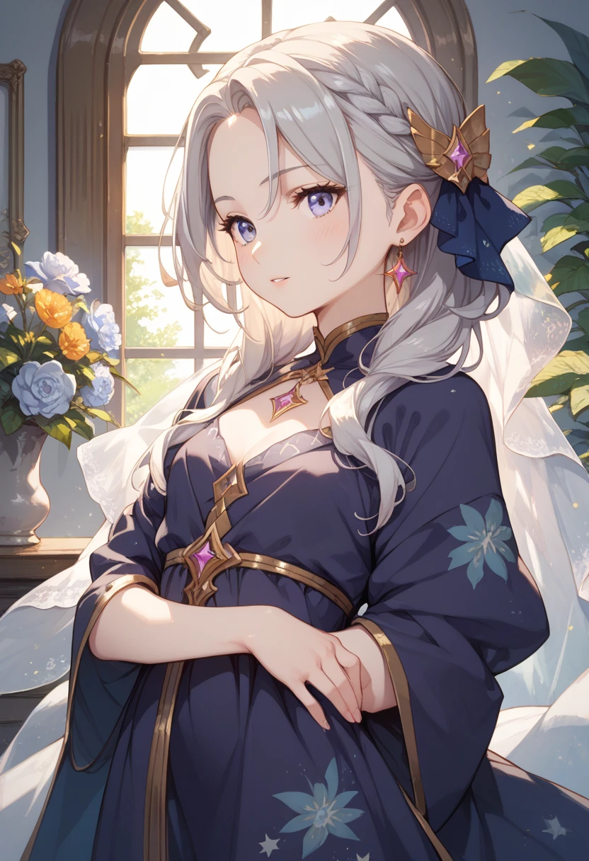 score_9, score_8_up, score_7_up, mage with pale skin and silver-gray hair, waist-up, wearing a flowing dark robe trimmed with starlight patterns