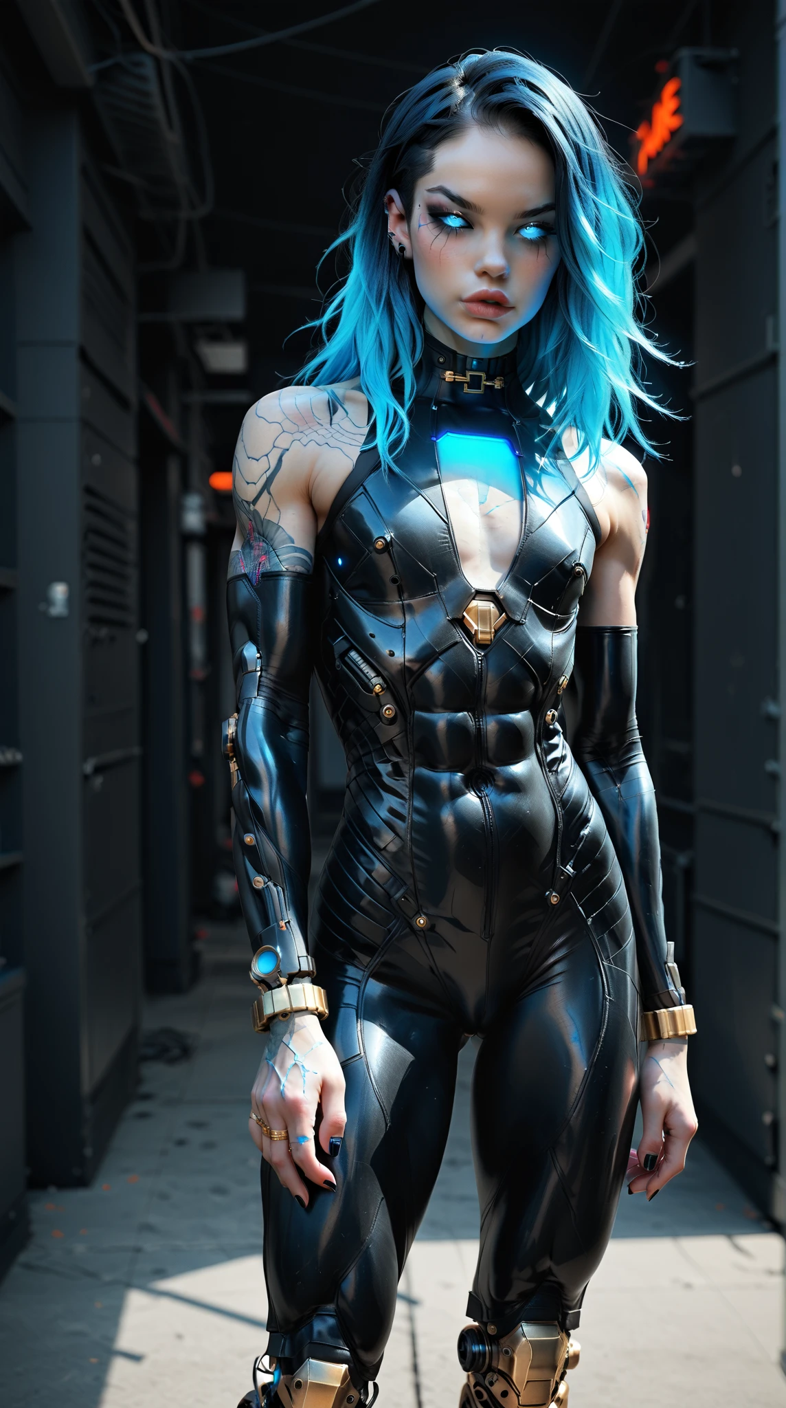 (nsfw:1), (Uncensored:1), score_9, score_8_up, score_7_up, (full body Shot), (1 girl), (asian), beautiful teenage (skinny) muscular goth cyborg girl, (full Cybernetic bodysuit:1.5), (black sclera:1.5), (blue glowing eyes:1.5), (blue glowing body veins:1.5), (flat chest:1.25), (blue glowing hair:1.25), (beautiful face:1.25), (bodybuilder femboy physique:1.25), (skinny long legs:0.75), (intricate gold filagree:1.25), bimbo lips, cowboy shot, cybernetic, mechanoid body parts, exposed cables and circuits, neon lights, gothic neon style, cyber punk style, super realistic image, beautiful digital paint , hyper Realistic illustrations, ImgFixerPre0.3