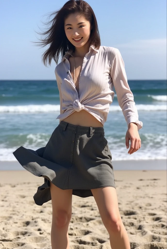   low angle shot  、  forward leaning position、  open shirt  、No underwear clothes  、  skirt flips in strong wind、  one girl 、barefoot、  beach  、smile