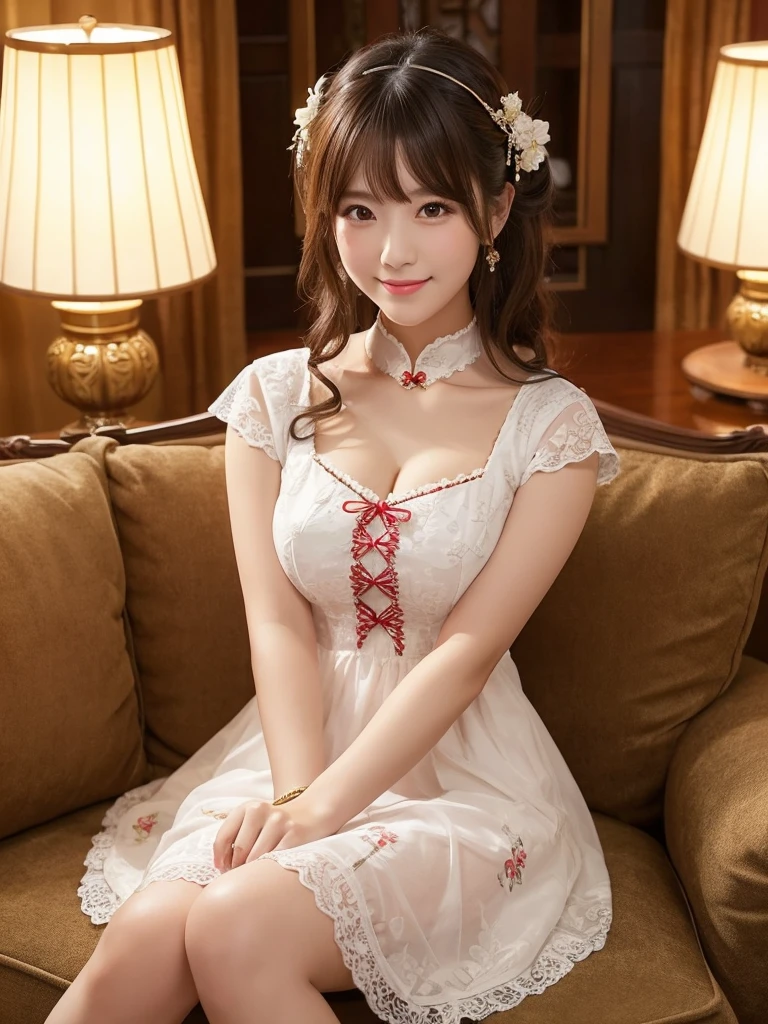 A below-the-knee Chinese dress with a Chinese pattern that fits perfectly, opens wide at the chest and has large slits on both sides,  a very beautiful and well-styled Japanese woman ,  a very beautiful and well-styled Japanese woman  ,Brown eyes,  dark blonde with loose curly hair ,  dark night cabaret with romantic lighting ,  looking here, White false nails , (Mid-chest),  The background is European and gorgeous ,  lighting is dim,  sitting on a luxurious sofa with her hands aligned on her lap , Cute Smile, 