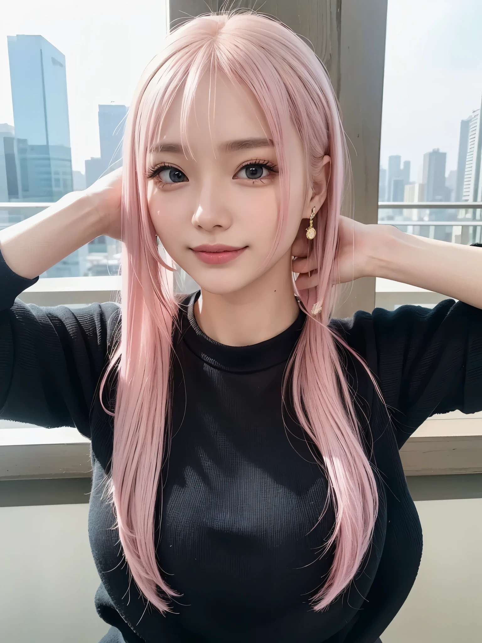  top quality,  table top in front of you,  super high resolution, ( realistic :1.4), ( Japanese Idols), RAW photo,  one girl,   knight , detailed skin, Blurred cityscape of South Korea ,, blonde alone, (Pink inner hair:1.3), glossy lips,smile,( model pose:1.2),21 years old, beautiful beautiful eyes, diamond jewelry , earrings for a woman alone, Gold Jewelry,Cold Light, Black Tight Knitwear,,( reinforced upper arms  :1.2), Well-Trained Body ,Fairy Hair