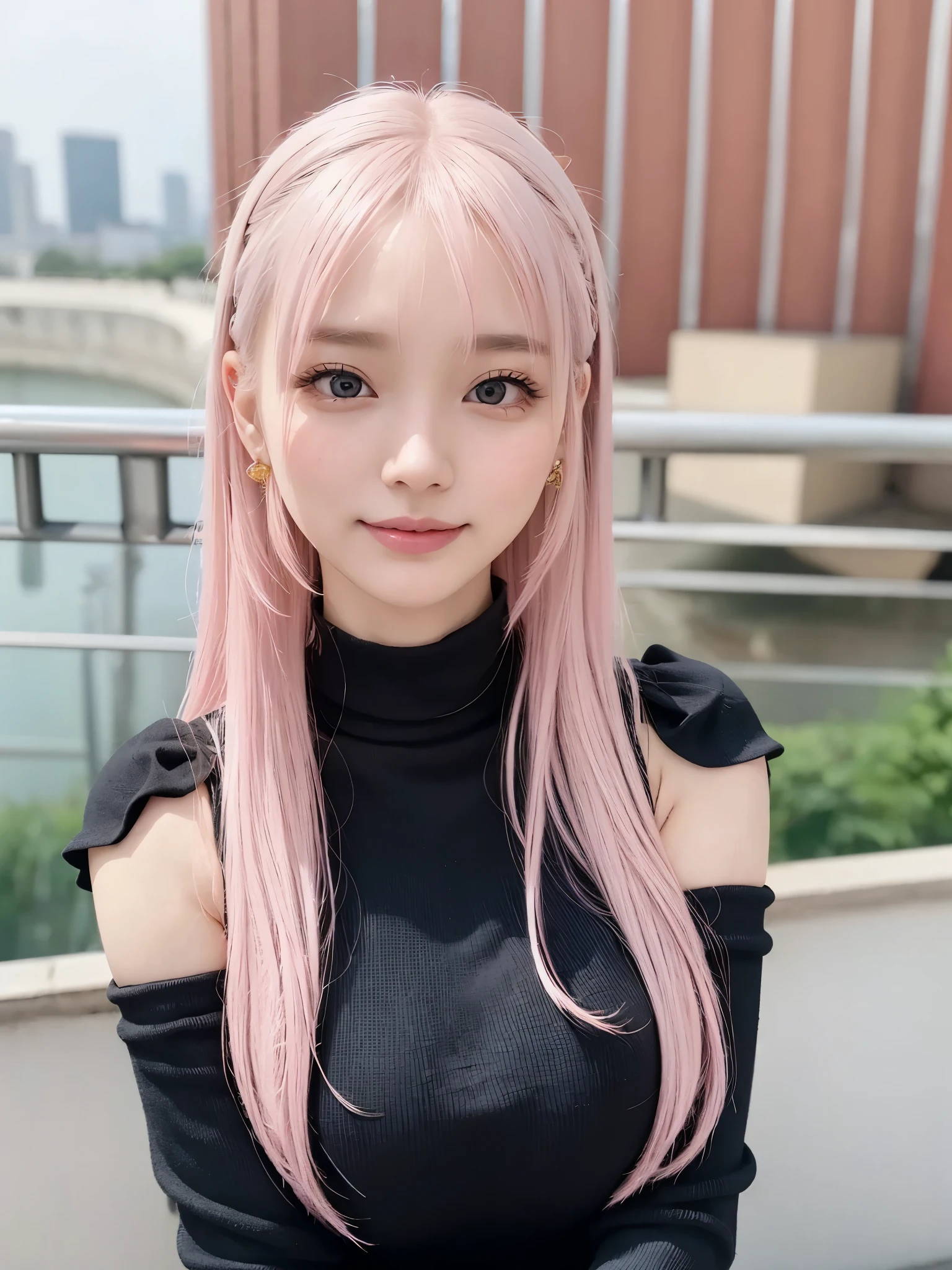  top quality,  table top in front of you,  super high resolution, ( realistic :1.4), ( Japanese Idols), RAW photo,  one girl,   knight , detailed skin, Blurred cityscape of South Korea ,, blonde alone, (Pink inner hair:1.3), glossy lips,smile,( model pose:1.2),21 years old, beautiful beautiful eyes, diamond jewelry , earrings for a woman alone, Gold Jewelry,Cold Light, Black Tight Knitwear,,( reinforced upper arms  :1.2), Well-Trained Body ,Fairy Hair