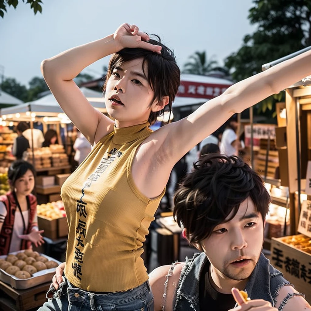 Night Market in Taiwan ， Young Taiwanese Couple with Son 、daughter， Blond Boy and Red-Haired Boy Have Six Muscles and Thick Hair， Raised hands exposing armpits ， Handheld Night Market Gourmet ， Open mouth to eat stinky tofu 、sausage， Shorts Feet with Furry Feet 。 A row of people, panoramic, Looking up at the camera， Young Taiwanese Couple with Son ，Parents take ren to the night market ， Father has six muscles and chest hair Wearing shorts with legs and raised hands exposing armpits， big eyes