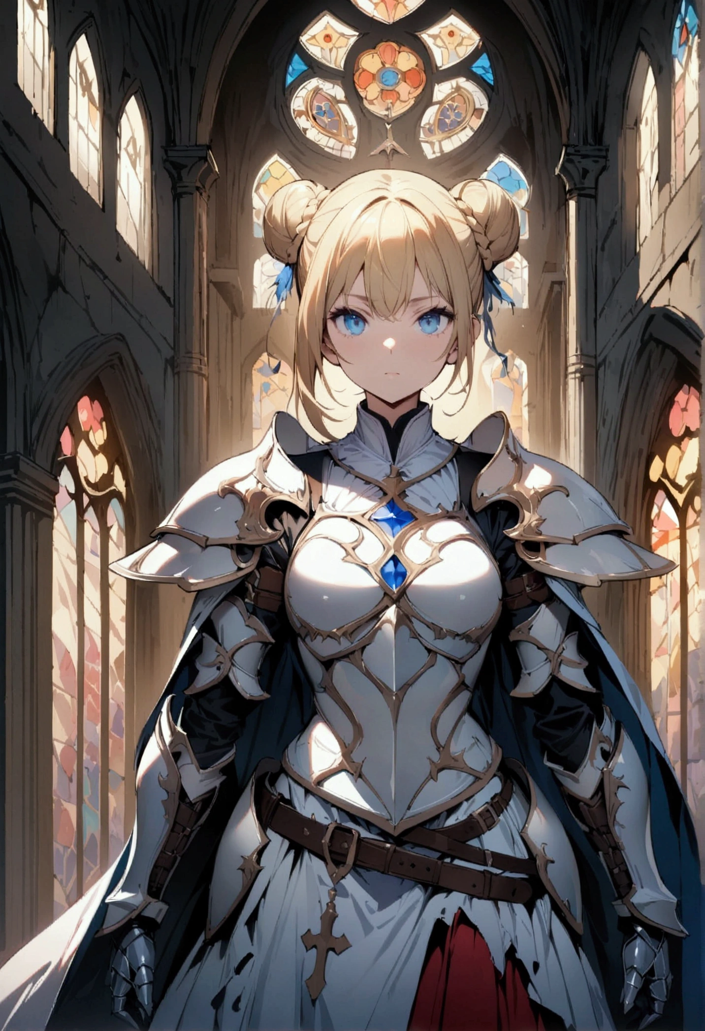 (masterpiece),(best quality),(ultra-detailed),(best illustration),(best shadow),(detailed background), 1girl, white-armor, blonde-hair, blue-eyes, armored-dress, hair-bun, braid, solo, dress, gauntlets boots, cross, knight, stained-glass, skirt. single-hair-bun, standing, fantasy, full-armor, short-hair, breastplate, torn-clothes, double-bun, belt, looking at the viewer
