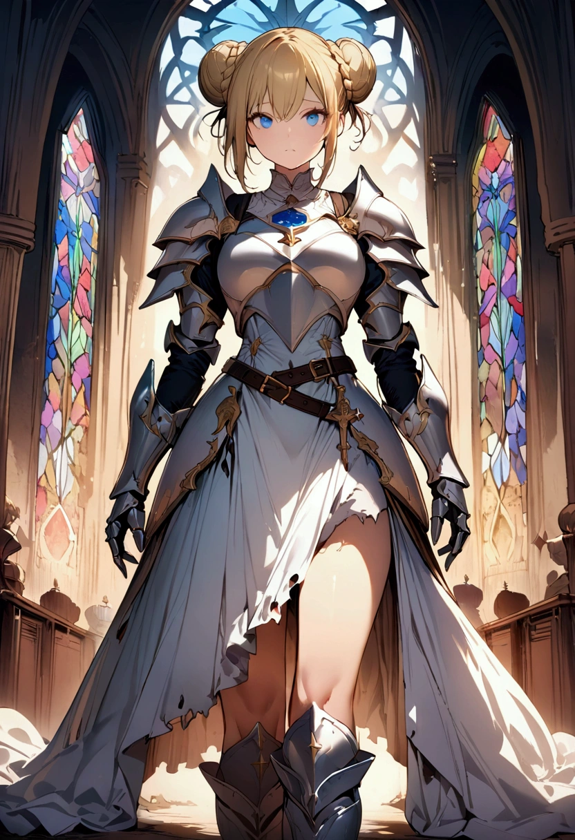 (masterpiece),(best quality),(ultra-detailed),(best illustration),(best shadow),(detailed background), 1girl, white-armor, blonde-hair, blue-eyes, armored-dress, hair-bun, braid, solo, dress, gauntlets boots, cross, knight, stained-glass, skirt. single-hair-bun, standing, fantasy, full-armor, short-hair, breastplate, torn-clothes, double-bun, belt, looking at the viewer
