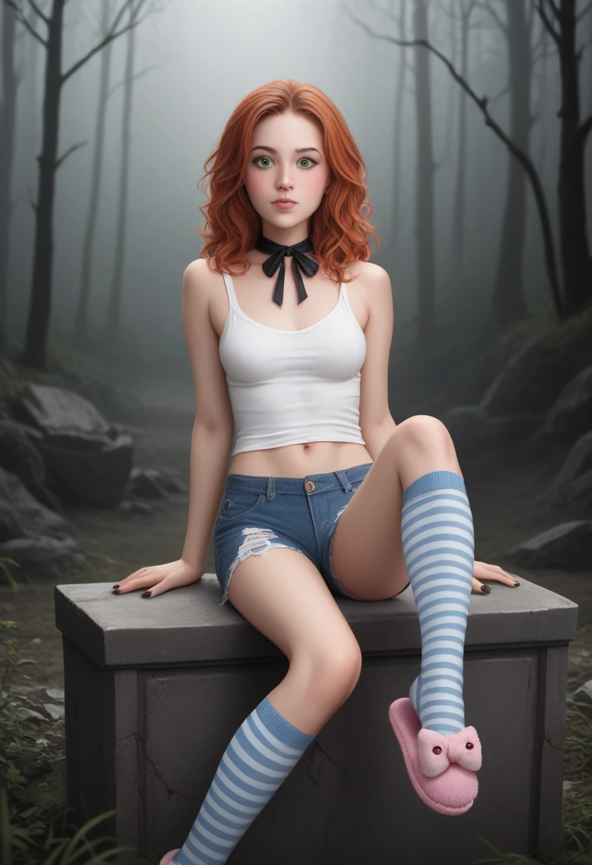 Close up of cute girl, pale skin girl, petite short, skinny girl, wavy orange hair, long-length hair, soft skin. Flustered, blush, sitting. Playful face expression, horny, green eyes, one eyebrow up, looking from above. One leg on another. Black nails on hands. Dynamic position. Cute blushing cheeks. Black chocker. Black neck ribbon. 20 years old cute girl, detailed lips. Detailed face. White tank top. Clear top. Denim shorts, slightly torn shorts. Detailed slim legs. White and blue-white striped socks. Thin white and blue toe striped socks. Pink fur slippers, cute fur slippers. Sitting on big mossy dark souls tombstone. Plants. Vegetation under her legs. Cracked tombstone. Legs crossed. One feet up. Sole. Hands crossed. Detailed face. Dark souls setting background. Ruins in forest. Detailed face. Foggy forest, dim light, mossy ruins, mist. Grim atmosphere, gothic colours, shocking atmosphere, photorealistic details, chiaroscuro, sensual and dramatic lighting. Moody, intricate details, masterpiece, ultra detailed, high quality, 8k, best quality, realistic shadows, sharp focus, cinematic, dark and brooding, expressionistic, powerful composition, emotional impact. Ultra realistic photo, logic anatomy, realistic skin, inspired by real life photos. Detailed fingers, anatomical legs, detailed hands, cute face, detailed face.
