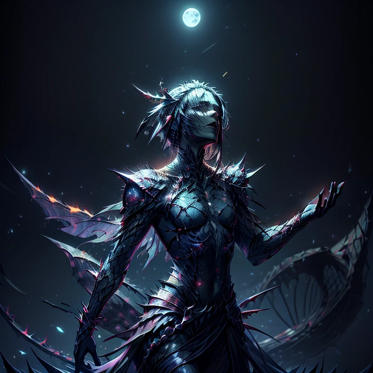 Black light is painted on the demoness's face, close-up, busty, epic lightning flashes,
masterpiece, top quality, dragon queen, bright glowing eyes, detailed eyes (1.4), scars on face, villainous expression, glowing body skin with bioluminescent luminous pattern, ready for battle, blurry stormy background, Gloomy atmosphere, background lighting,whole body,