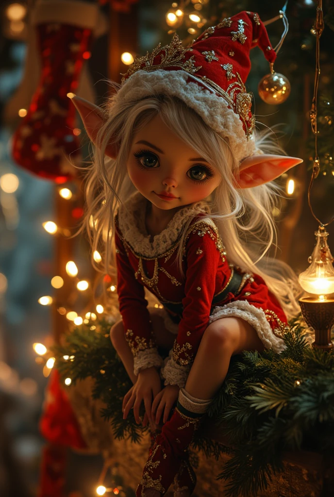 ((masterpiece)) ((photography)) ((Highest quality)) A whimsical and enchanting female elf perched delicately on a high shelf. She has a playful and mischievous expression, with long pointed ears, shimmering green eyes, and flowing silvery hair. Her outfit is festive, with a vibrant red and white theme, including a small pointed hat, adorned with intricate embroidery and sparkles. She sits gracefully with one leg bent and the other dangling off the shelf, her delicate hands resting on her knee. The setting is cozy and magical, with a warmly lit room decorated for the holidays, filled with twinkling lights, ornaments, and stockings hanging in the background.