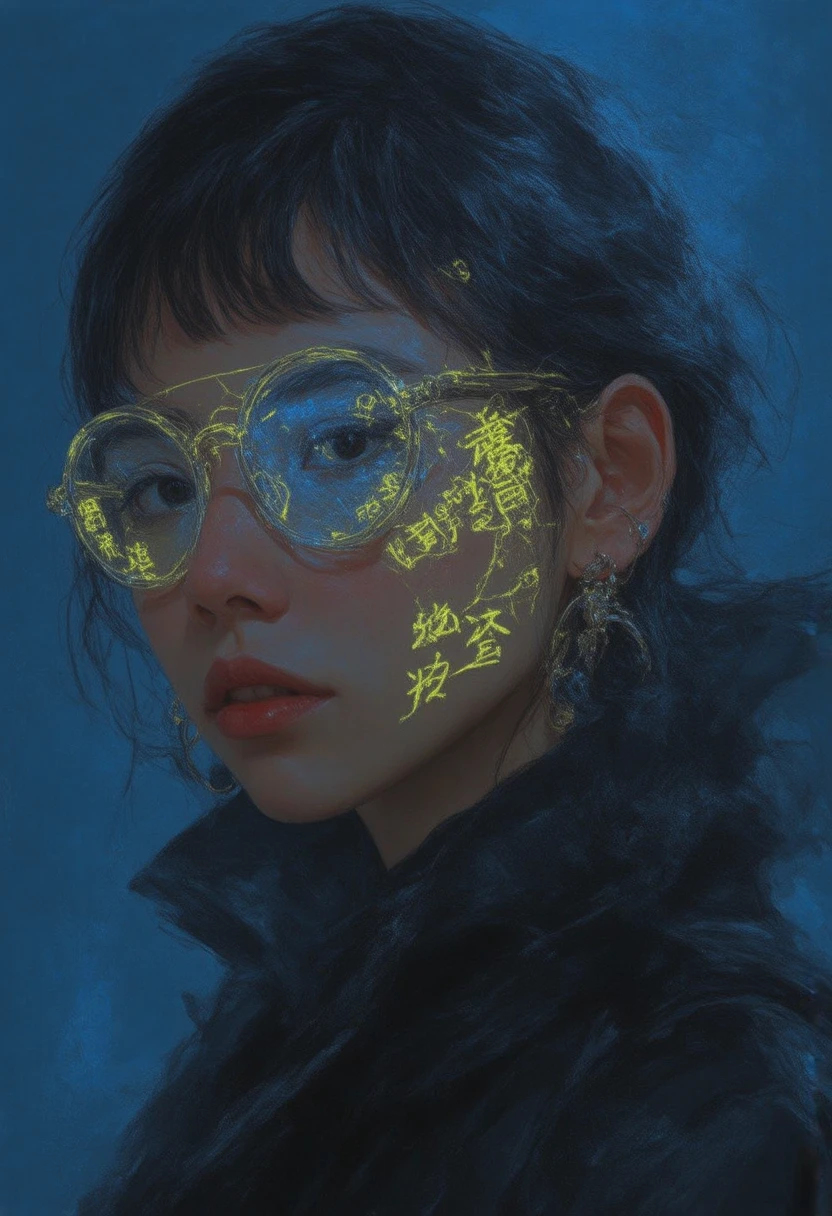  Photorealistic image, (4k), depth of field, ( masterpiece ), ( realistic skin texture ),  style, intricate,  hyper detailed ,  High resolution,  professional photography , bokeh, depth of field, Sharp detail,  better quality ,  looking at the lunar spectator ,  a girl,alone,The image shows an  ** very close up **  of a young woman illuminated by  **electric blues**,  tones with circular glasses that reflect Chinese characters  **neon yellow **.  On her skin there are luminous glyphs that merge with light ,  evoking a futuristic environment .  Her penetrating gaze and small metallic earrings complete a  **cyberpunk**,  style where technology and symbolism are intertwined in an atmosphere charged with mystery and energy.