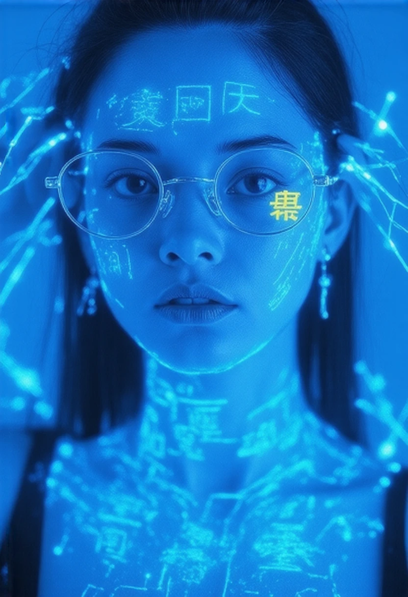  Photorealistic image, (4k), depth of field, ( masterpiece ), ( realistic skin texture ),  style, intricate,  hyper detailed ,  High resolution,  professional photography , bokeh, depth of field, Sharp detail,  better quality ,  looking at the lunar spectator ,  a girl,alone,The image shows an  ** very close up **  of a young woman illuminated by  **electric blues**,  tones with circular glasses that reflect Chinese characters  **neon yellow **.  On her skin there are luminous glyphs that merge with light ,  evoking a futuristic environment .  Her penetrating gaze and small metallic earrings complete a  **cyberpunk**,  style where technology and symbolism are intertwined in an atmosphere charged with mystery and energy.