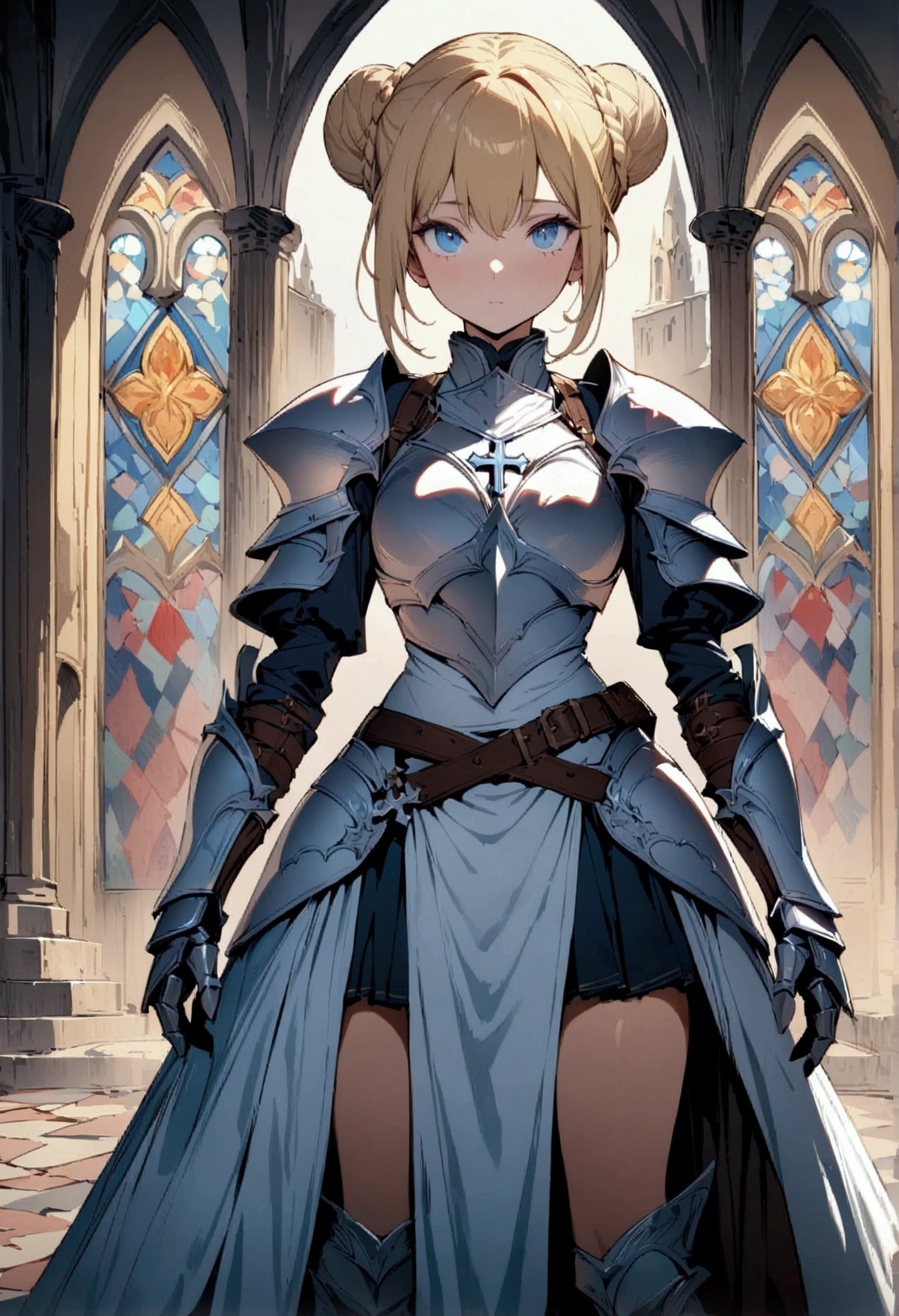 (masterpiece),(best quality),(ultra-detailed),(best illustration),(best shadow),(detailed background), 1girl, white-armor, blonde-hair, blue-eyes, armored-dress, hair-bun, braid, solo, dress, gauntlets boots, cross, knight, stained-glass, skirt. single-hair-bun, standing, fantasy, full-armor, short-hair, breastplate, torn-clothes, double-bun, belt, looking at the viewer
