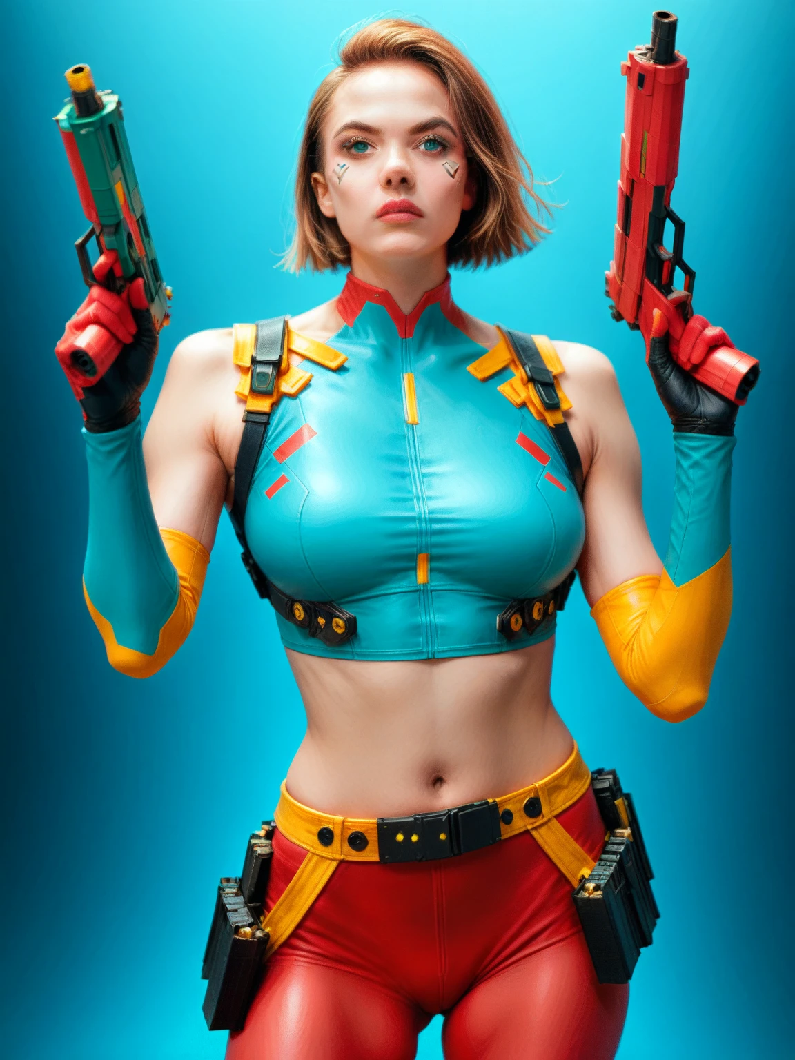 unreal engine:1.4,CG K ultra realistic, photorealistic:1.4, skin texture:1.4, artwork 1girl, Gatling gun, Casing, looking at viewer, dynamic pose, Blows, ammunition belt, gloves, large breasts not disproportionate, shooting , extremely detailed:1.4, more detailed, optical mix, playful patterns, animated texture, unique visual effect, or cyberpunk yellow color, red pantyhose, yellow leather miniskirt, masterpiece, ((colors, cyan, greens, pink, brown: 1.2)), 8k realistic digital art)), 32k,