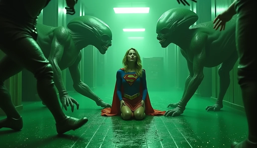 Supergirl is on her knees crying, there is green acid on the floor ...