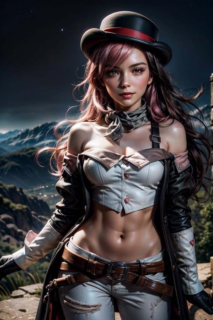 pink and brown hair, multicolored hair, neopolitanatlas, bowler hat, grey scarf, white gloves, white shirt, off-shoulder shirt, black sleeves, midriff, white belt, white pants, smile, nighttime, stars, standing in castle ruins on a hill, waterfall in the background, cowboy shot, masterpiece, heart shaped face, elegant face, beautiful face, highly detailed face, highly detailed skin, skin pores, subsurface scattering, realistic pupils, looking at viewer, full lips, detailed background, depth of field, atmospheric perspective, volumetric lighting, sharp focus, absurdres, realistic proportions, good anatomy, (realistic, hyperrealistic:1.4), 16k hdr,