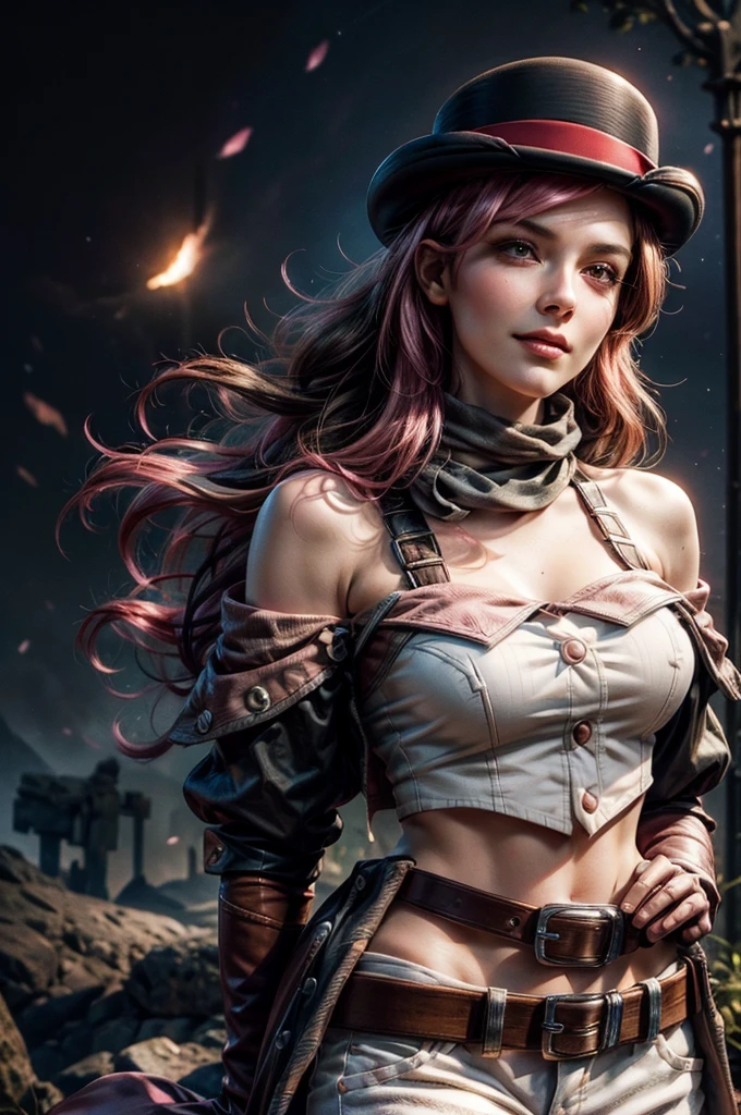 pink and brown hair, multicolored hair, neopolitanatlas, bowler hat, grey scarf, white gloves, white shirt, off-shoulder shirt, black sleeves, midriff, white belt, white pants, smile, nighttime, stars, standing in castle ruins on a hill, waterfall in the background, cowboy shot, masterpiece, heart shaped face, elegant face, beautiful face, highly detailed face, highly detailed skin, skin pores, subsurface scattering, realistic pupils, looking at viewer, full lips, detailed background, depth of field, atmospheric perspective, volumetric lighting, sharp focus, absurdres, realistic proportions, good anatomy, (realistic, hyperrealistic:1.4), 16k hdr,