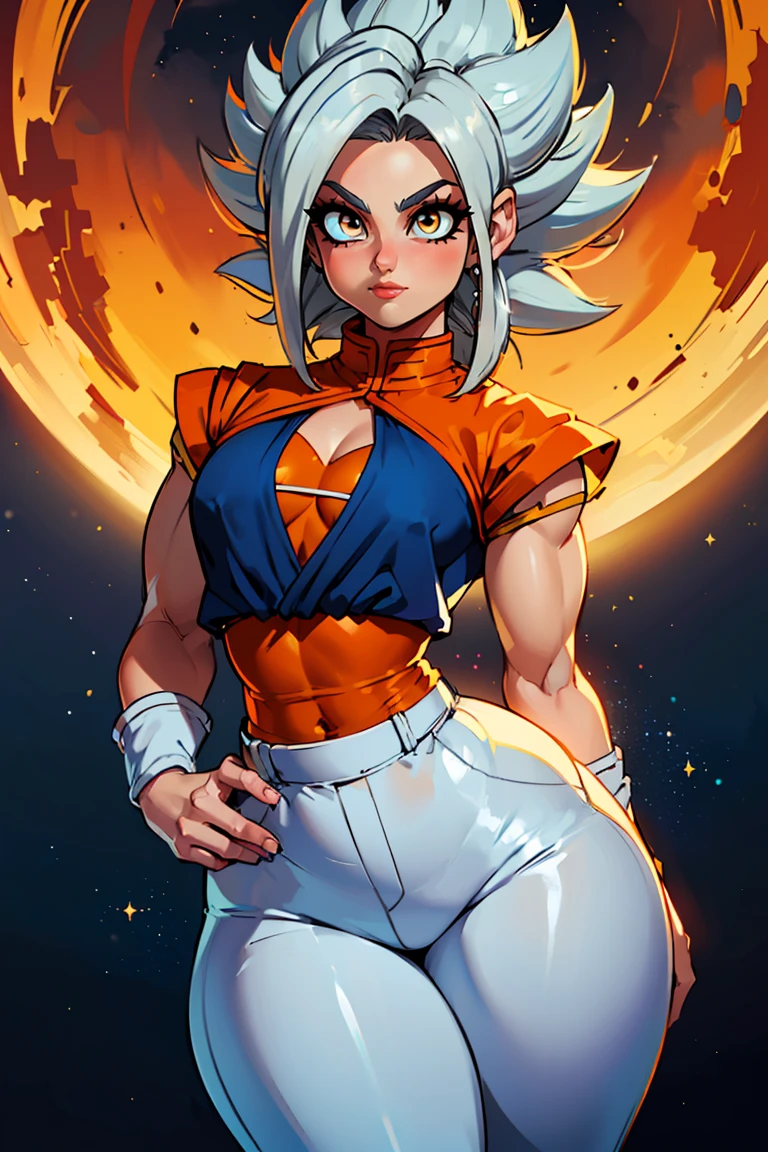 goku dragon ball bodybuilder, beautiful face, serious face, white hair, red eyes, perfect body, fit body, abs, big breasts, muscular,blue and orange armor